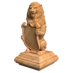 Lion with Shield Newel Post Finial, Architectural Hand Carved Oak Statue Lion