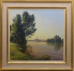 PINTURA ORIGINAL A PASTEL de Lionel Aggett c. 1995 Amanecer en el Loira FRANCIA