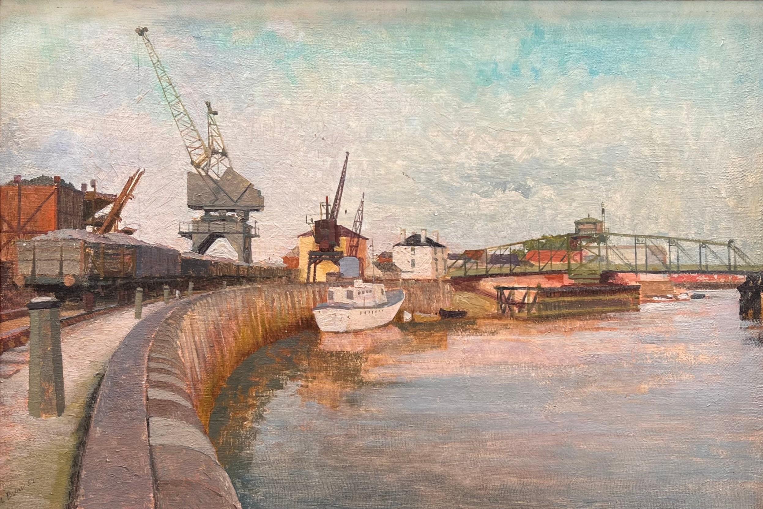 Lionel Bulmer
Fluss Arun, Littlehampton
1919-1992
Öl auf Karton, links unten signiert und datiert '52', verso paraphiert
Bildgröße: 24 1/2 x 16 3/4 Zoll (62,2 x 42,6 cm)
Handgefertigter Rahmen im zeitgenössischen Stil

Ein häufiges Thema in Bulmers