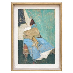 Vintage Lionel Bulmer (UK  1919–1992) Oil On Panel Titled "Girl Reading Under A Curtain"