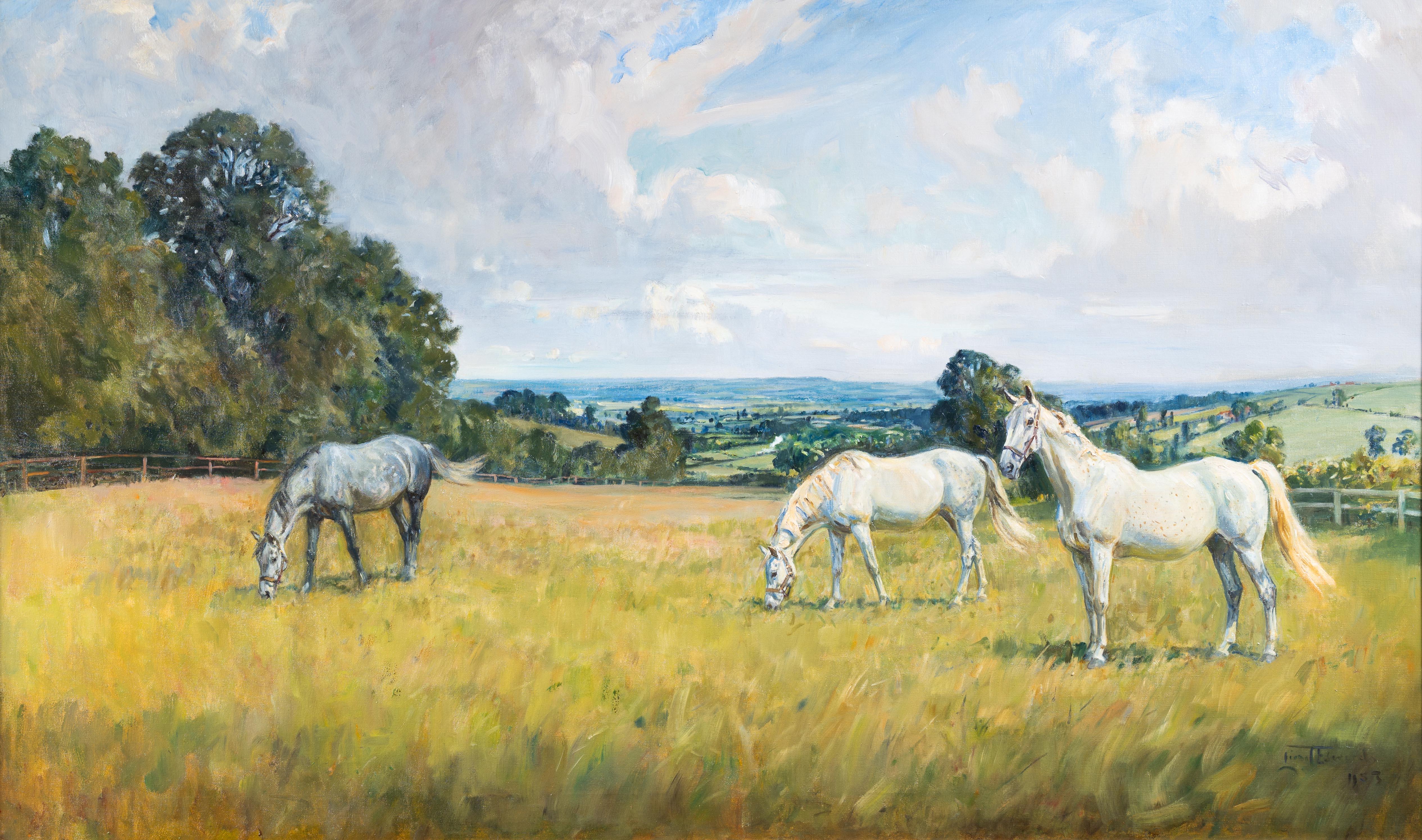 Drei Stuten, Myrobella, Mombasa und Joyce im Nationalgestüt, Dorset – Painting von Lionel Dalhousie Robertson Edwards