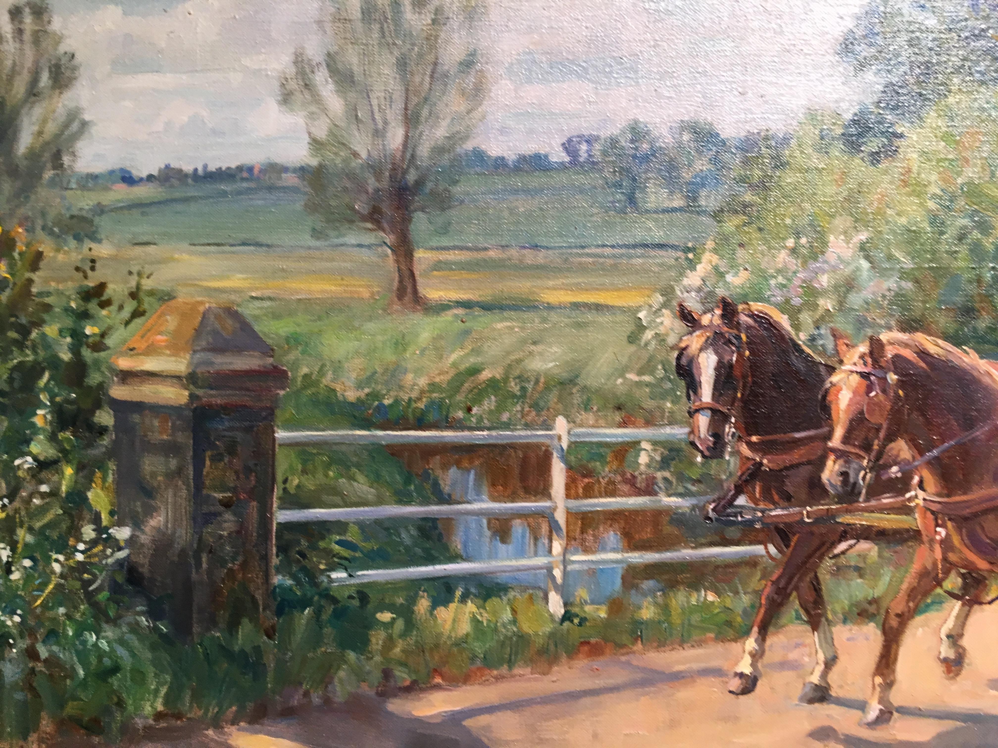 English lady in a horse drawn buggy trotting through an Impressionist landscape - Painting by Lionel Edwards