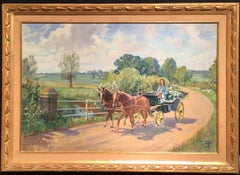 Vintage English lady in a horse drawn buggy trotting through an Impressionist landscape