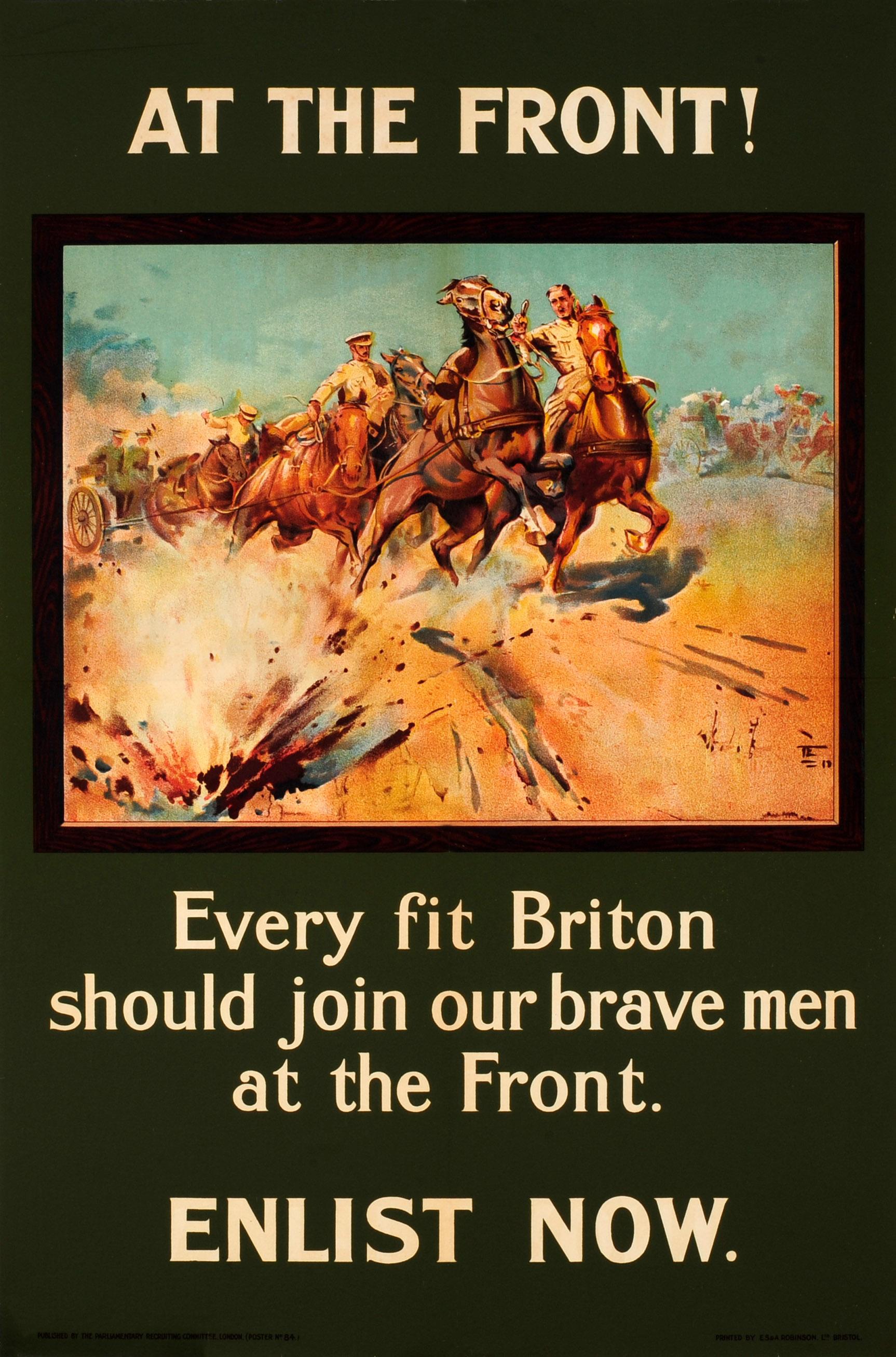 Print Lionel Edwards - Affiche originale de recrutement de la Première Guerre mondiale en 1915 « At The Front » ! Tous les Briton peuvent s'inscrire