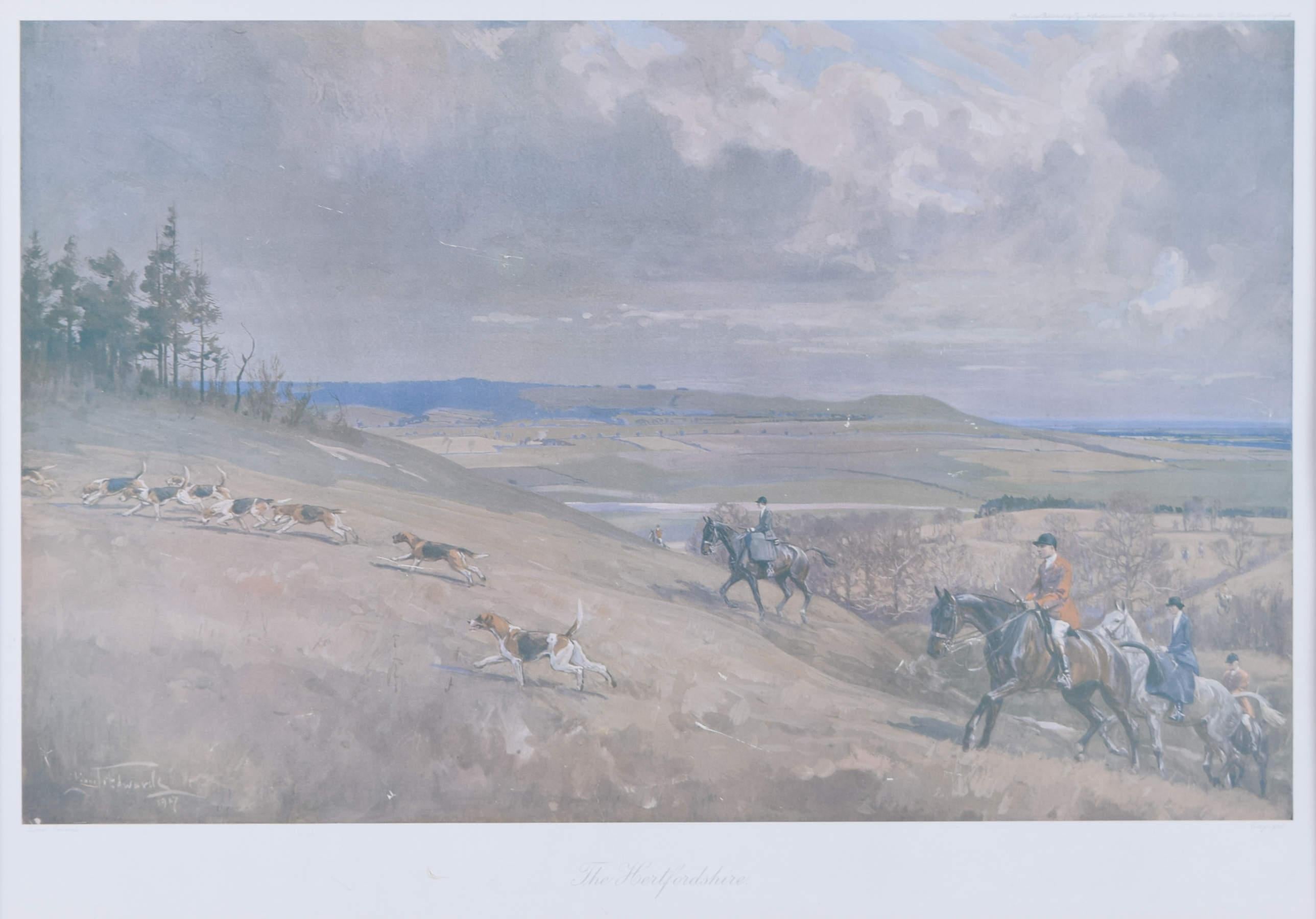 To see our other hunting pictures, scroll down to "More from this Seller" and below it click on "See all from this Seller" and then search.

Lionel Edwards (1878 - 1966)
The Hertfordshire Hunt (1927)
Lithograph
36 x 50 cm

Signed and dated in plate
