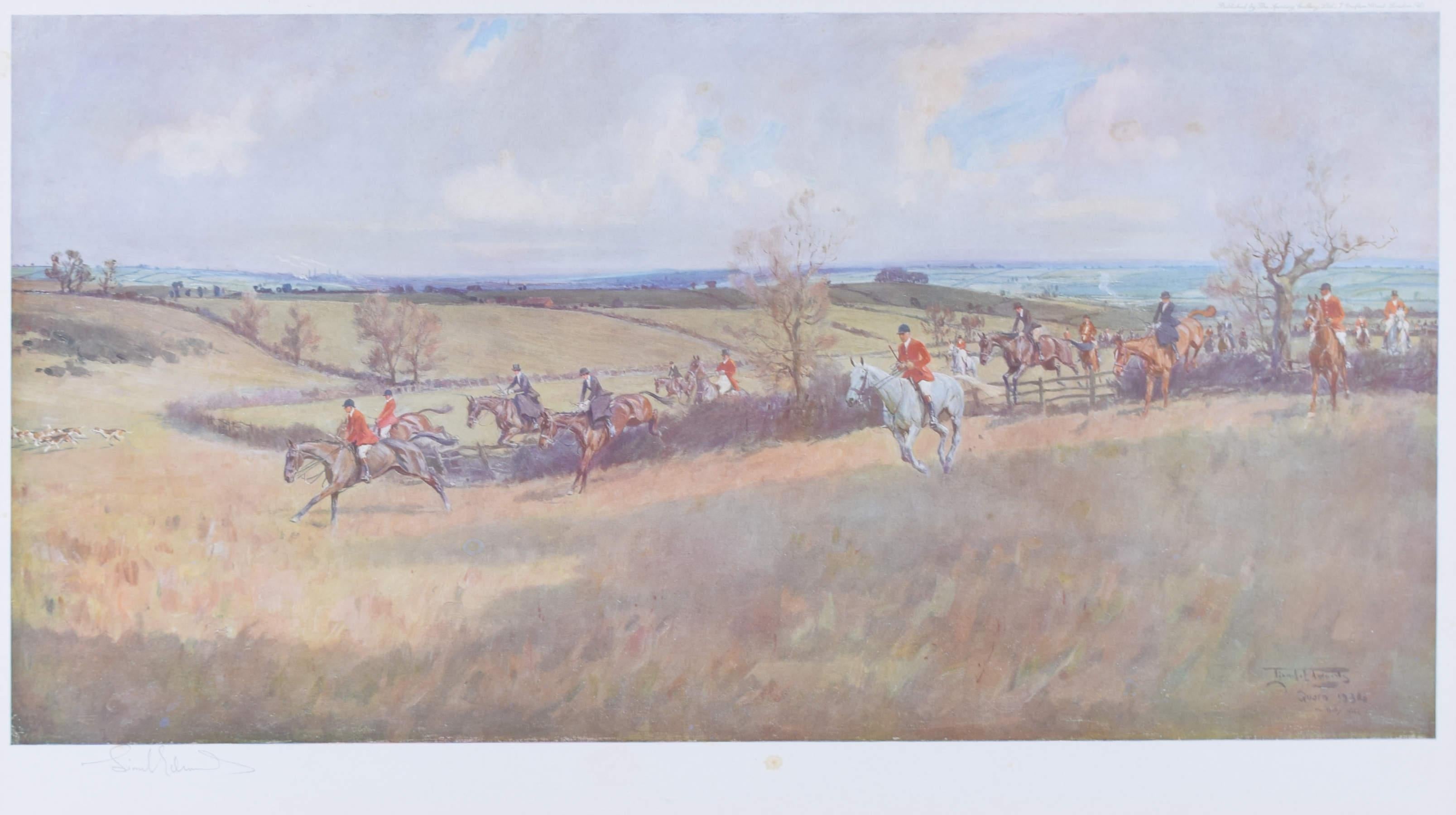 To see our other hunting pictures, scroll down to "More from this Seller" and below it click on "See all from this Seller" and then search.

Lionel Edwards (1878 - 1966)
The Quorn Hunt (1934)
Lithograph
34 x 62 cm

Signed, titled and dated in plate