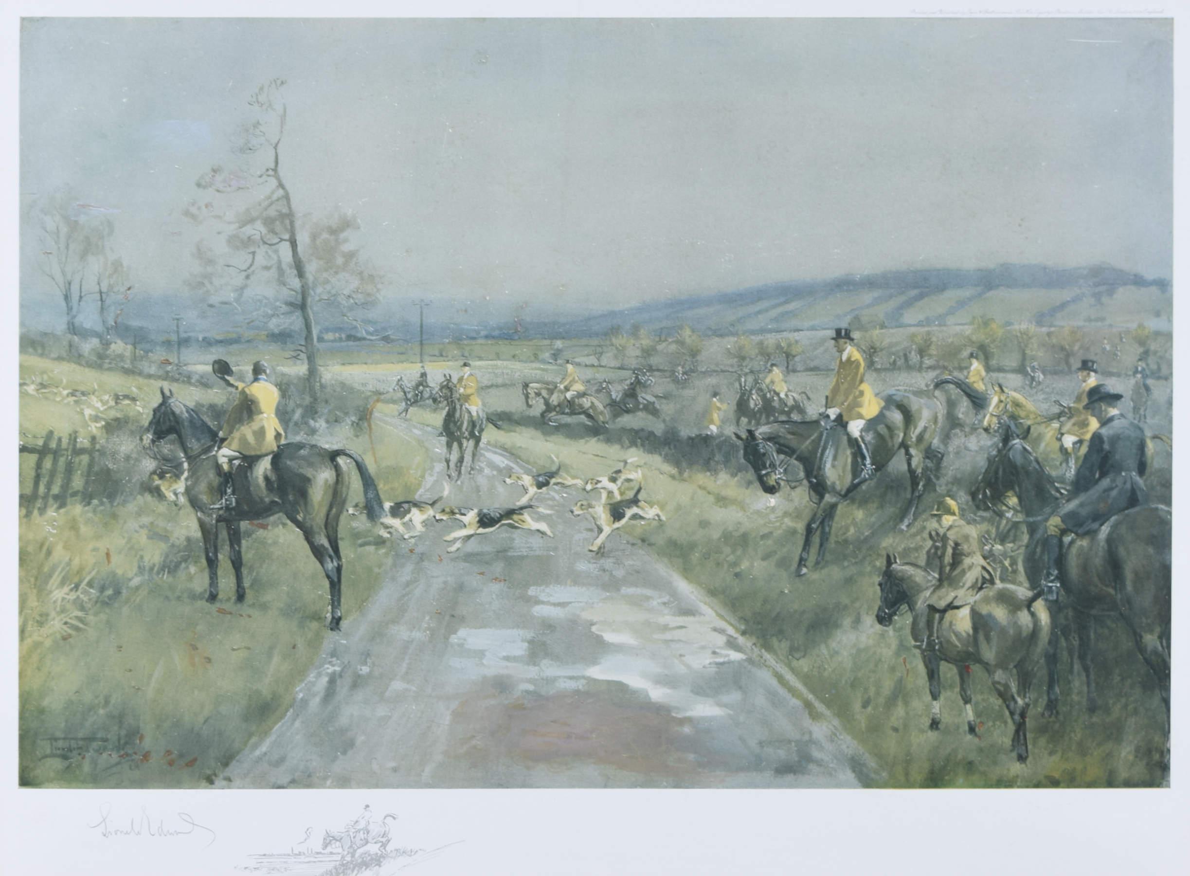 To see our other hunting pictures, scroll down to "More from this Seller" and below it click on "See all from this Seller" and then search.

Lionel Edwards (1878 - 1966)
The South Notts Hunt (1928)
Lithograph
31 x 51 cm

Signed and dated in plate