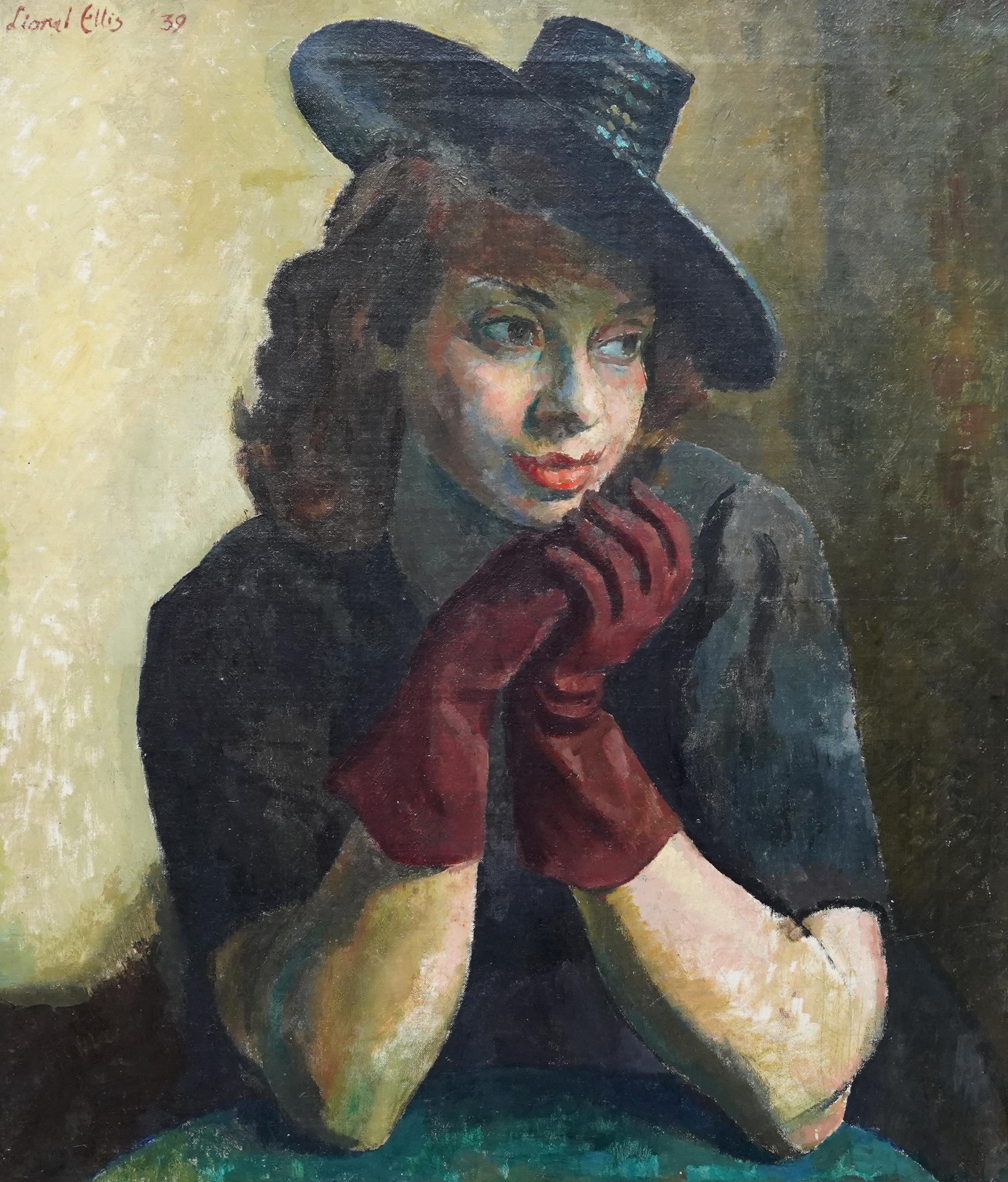 Art Deco Portrait of Lady in Hat - British '30s art female portrait oil painting - Painting by Lionel Ellis