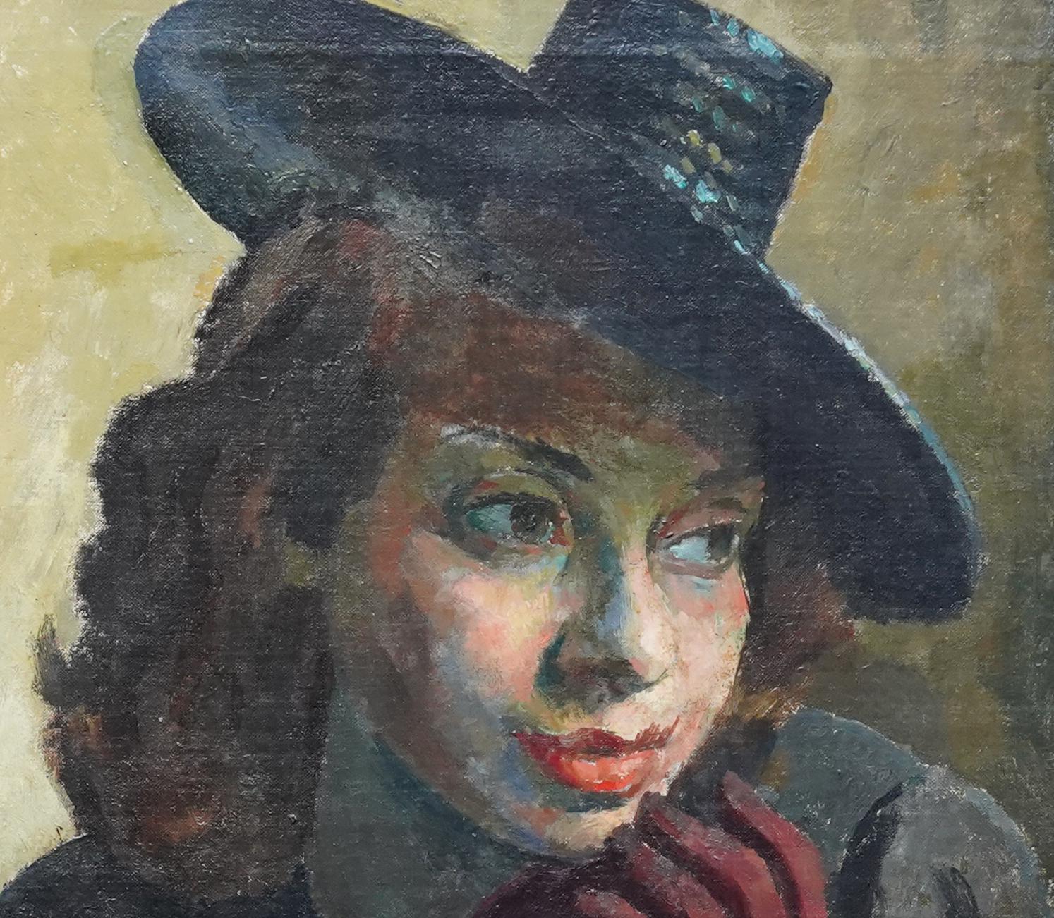Art Deco Portrait of Lady in Hat - British '30s art female portrait oil painting - Black Portrait Painting by Lionel Ellis