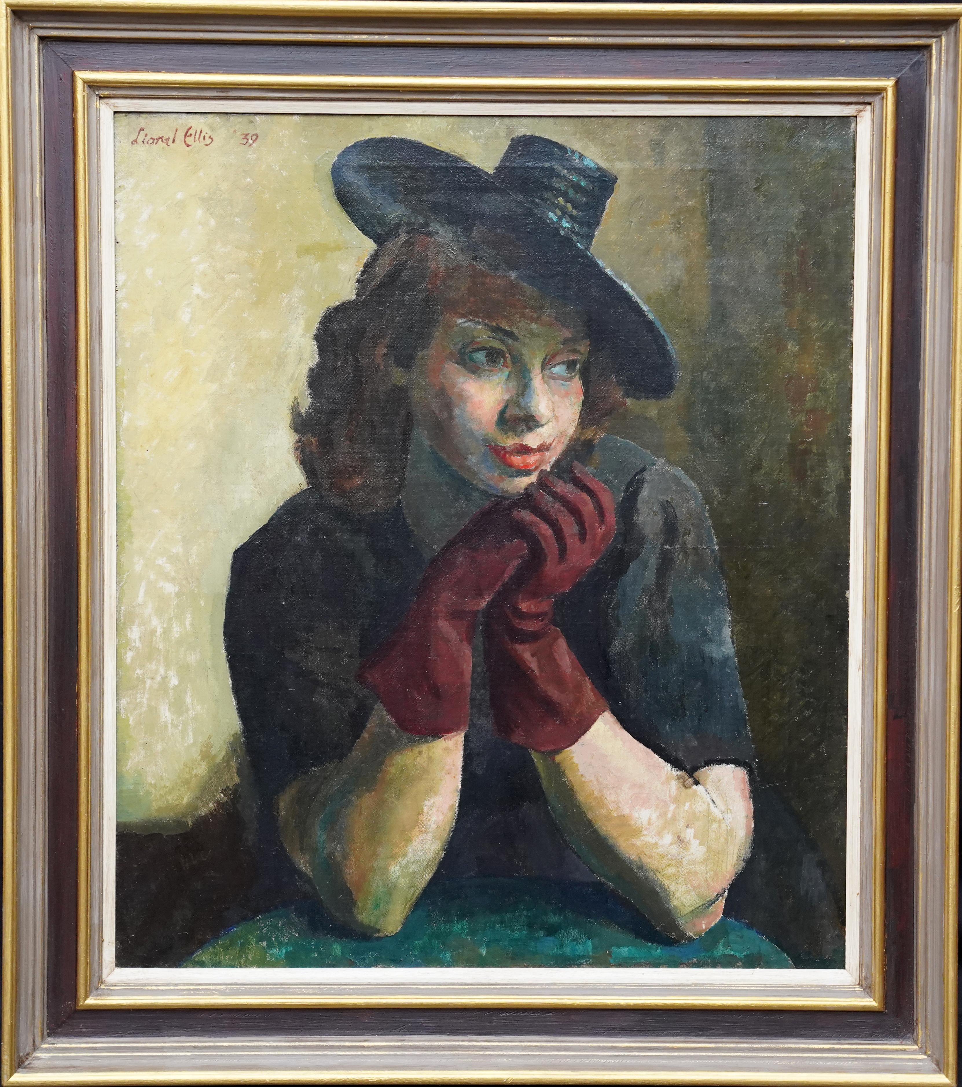 Lionel Ellis Portrait Painting - Art Deco Portrait of Lady in Hat - British '30s art female portrait oil painting