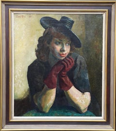 Art Deco Portrait of Lady in Hat - British '30s art female portrait oil painting
