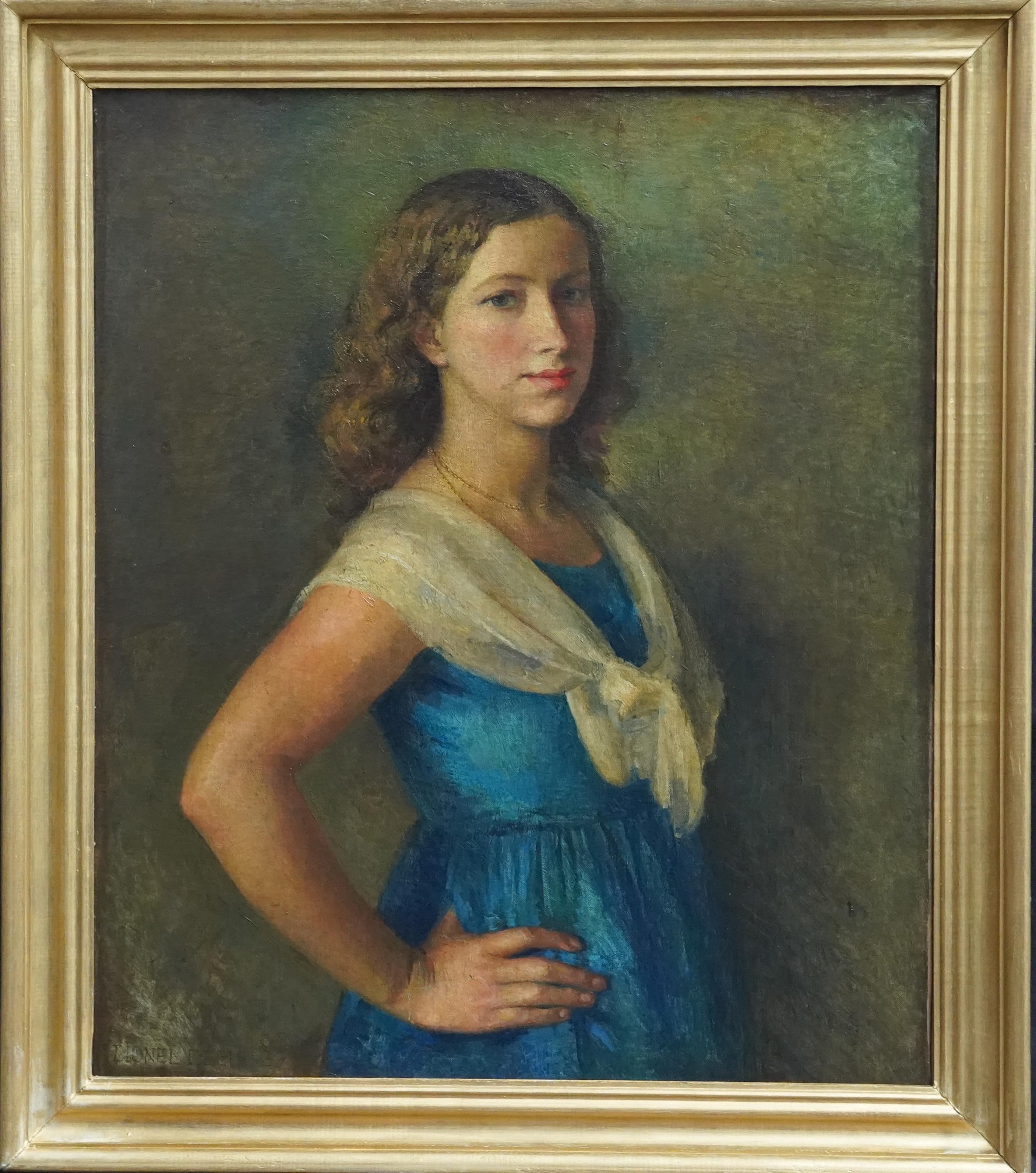 Lionel Ellis Portrait Painting - Portrait of a Girl in White Lace Shawl - British 1929 art portrait oil painting