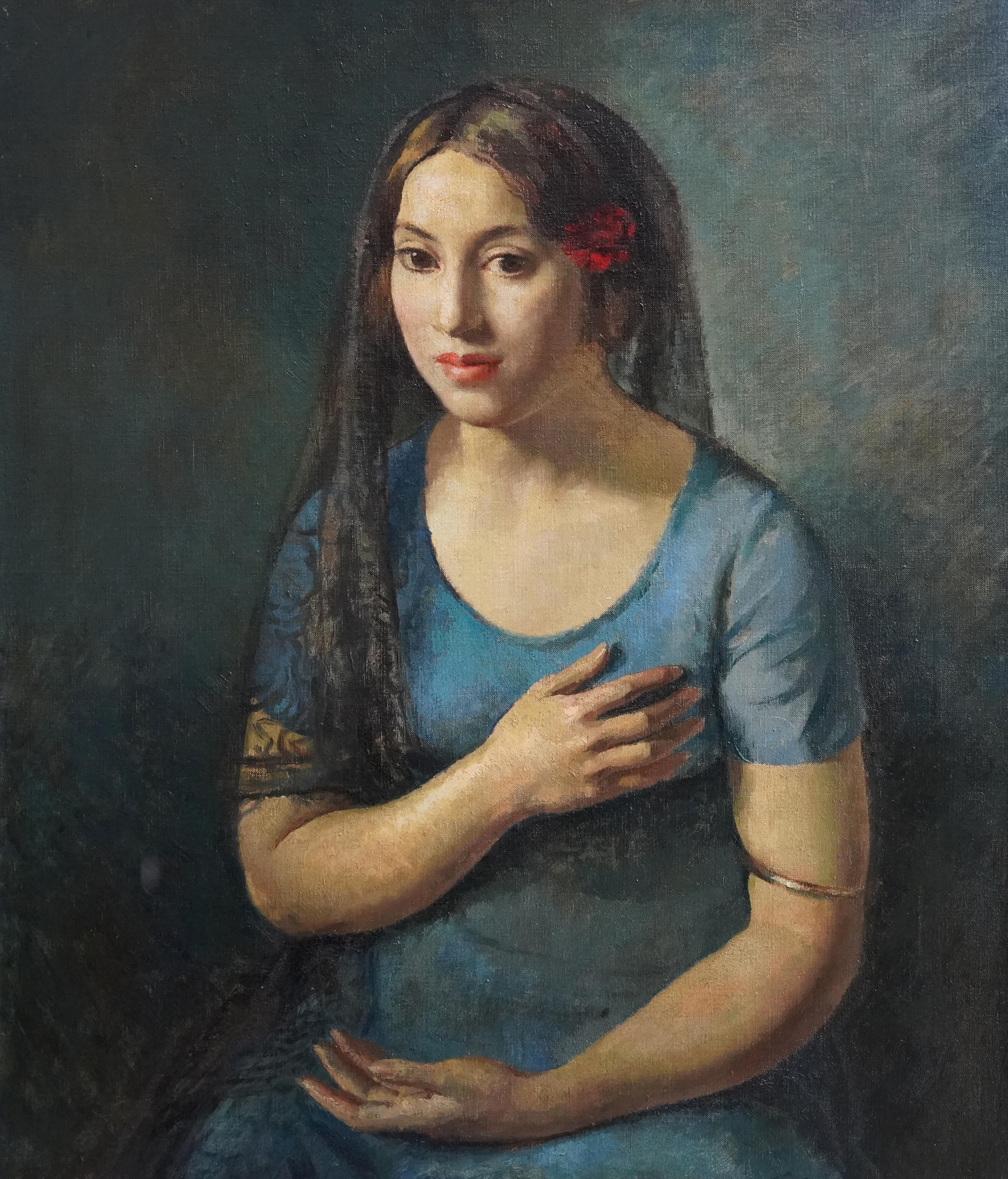 Portrait of a Seated Girl in Blue - British 1930's art portrait oil painting - Painting by Lionel Ellis