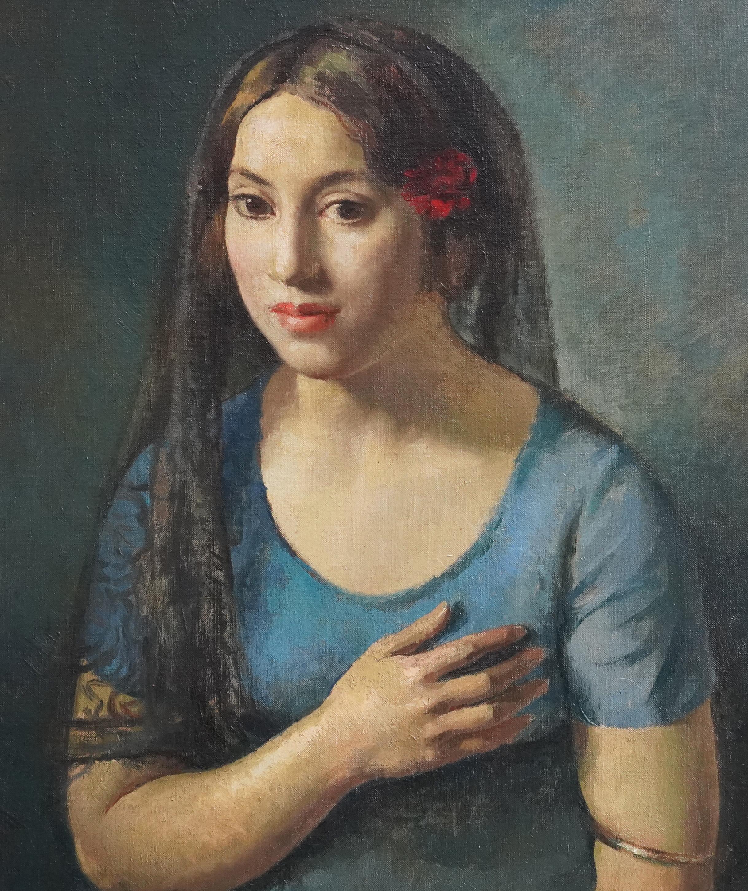 Portrait of a Seated Girl in Blue - British 1930's art portrait oil painting - Realist Painting by Lionel Ellis