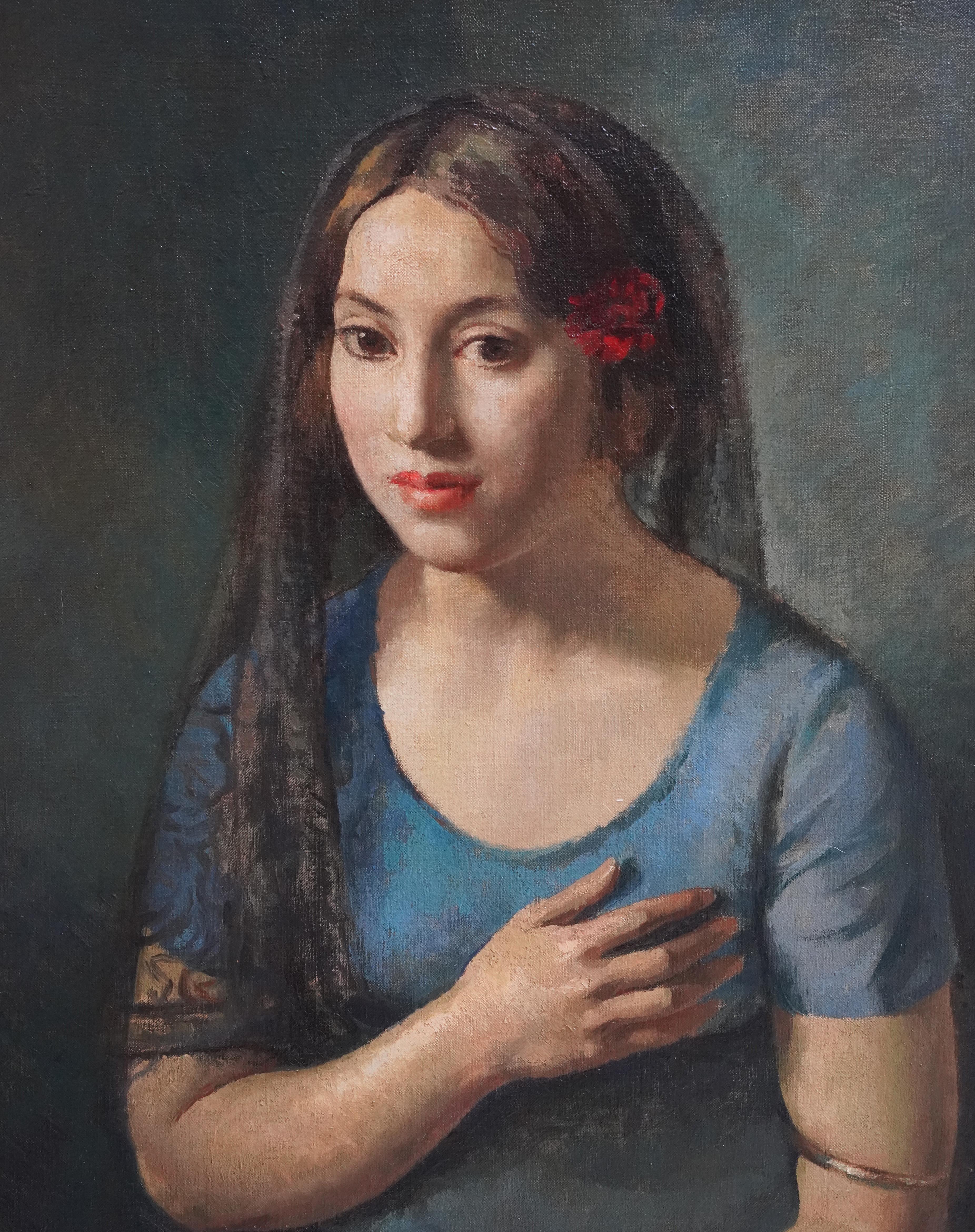 This lovely British portrait oil painting is by noted artist Lionel Ellis. The painting comes from a collection of works by the artist, previously owned by his wife. Painted circa 1930, the composition is a seated portrait of a girl in a blue dress