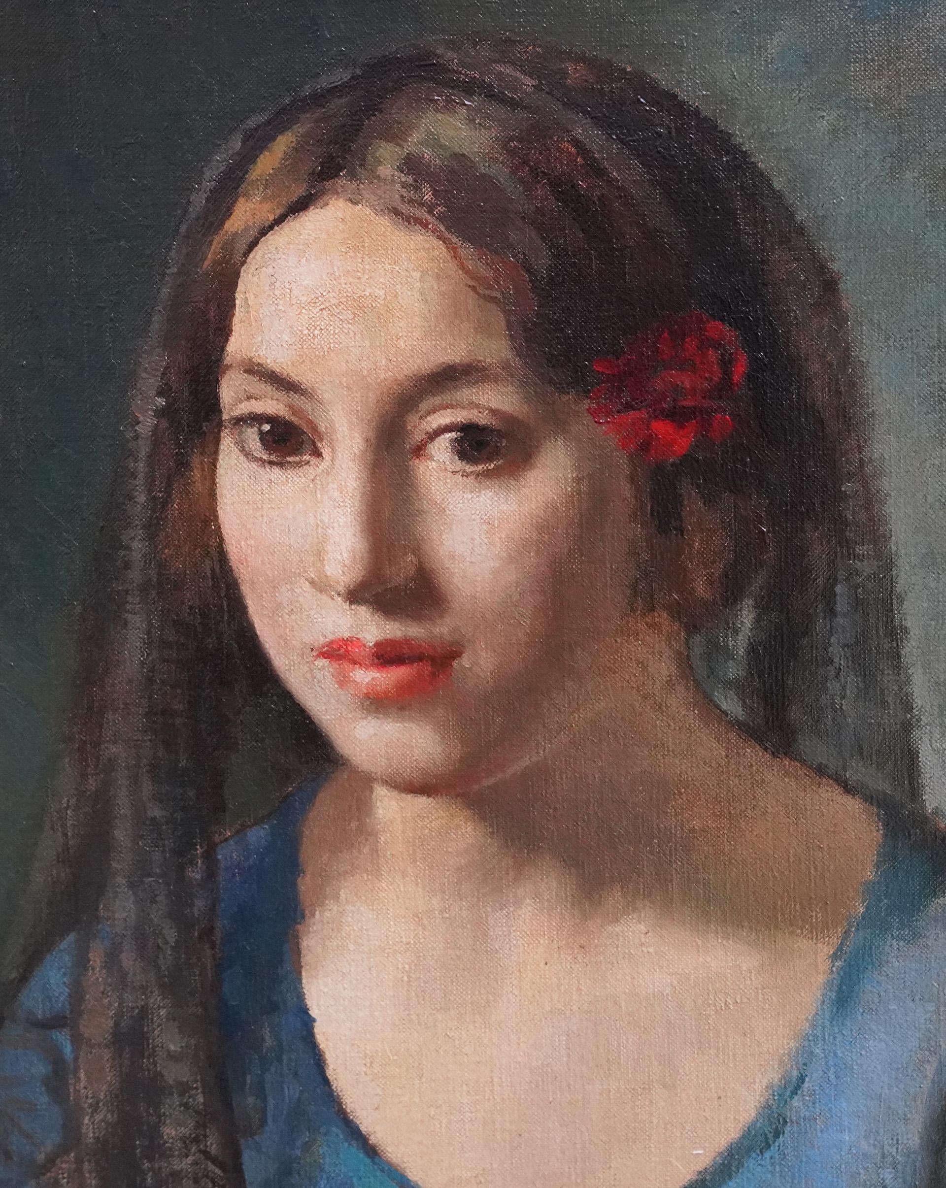 Lionel Ellis Portrait of a Seated Girl in Blue British 1930's art