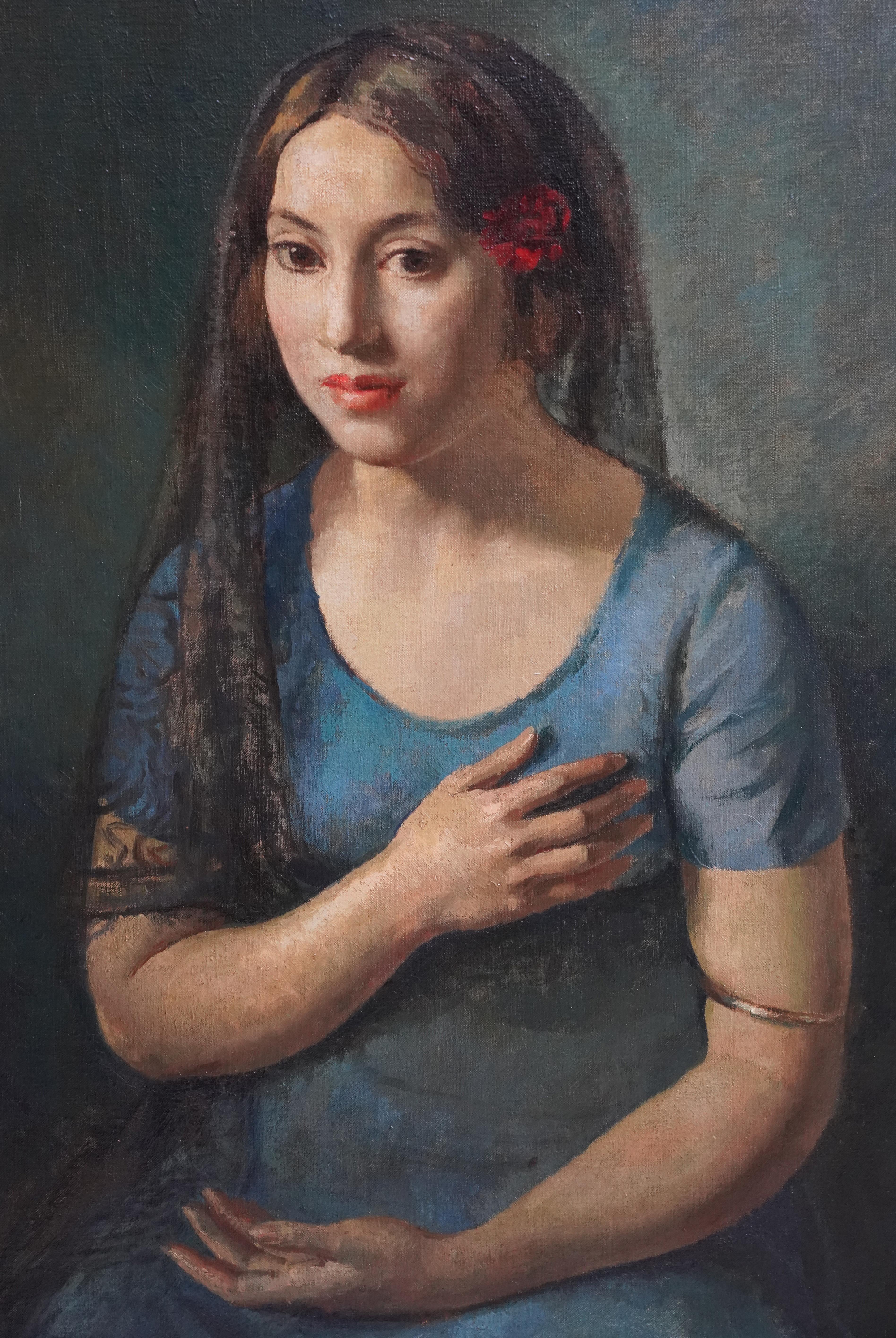 Portrait of a Seated Girl in Blue - British 1930's art portrait oil painting For Sale 4