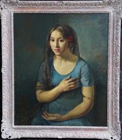 Portrait of a Seated Girl in Blue - British 1930's art portrait oil painting