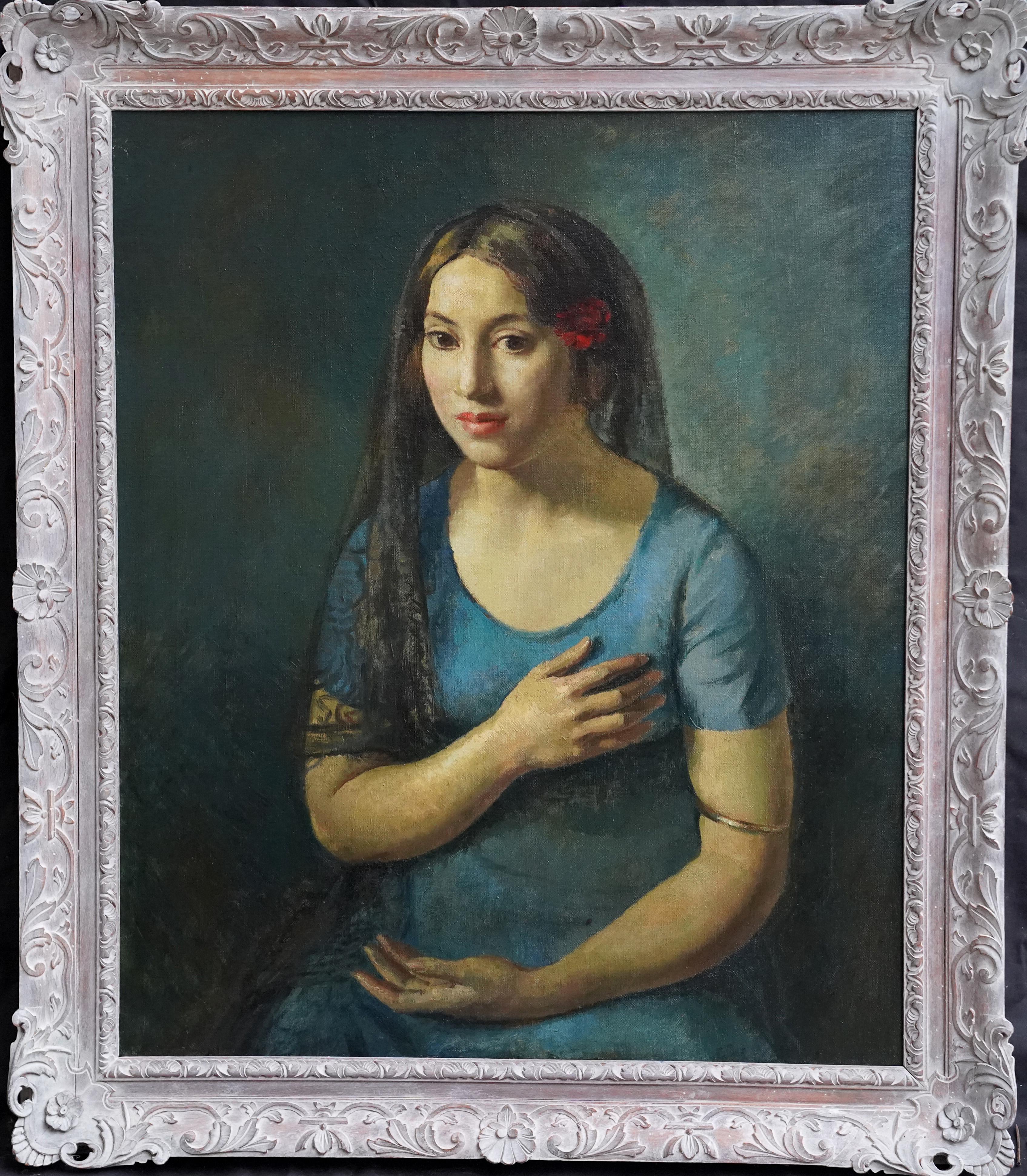 Lionel Ellis Portrait Painting - Portrait of a Seated Girl in Blue - British 1930's art portrait oil painting