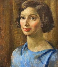 Vintage Portrait of a Woman in Blue   Original Oil Painting    Modern British