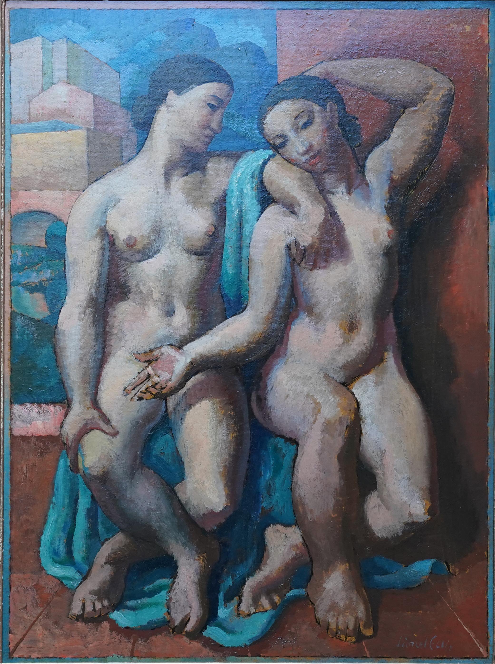 Retrato de dos mujeres desnudas sentadas - Pintura al óleo modernista británica de 1930 - Painting de Lionel Ellis