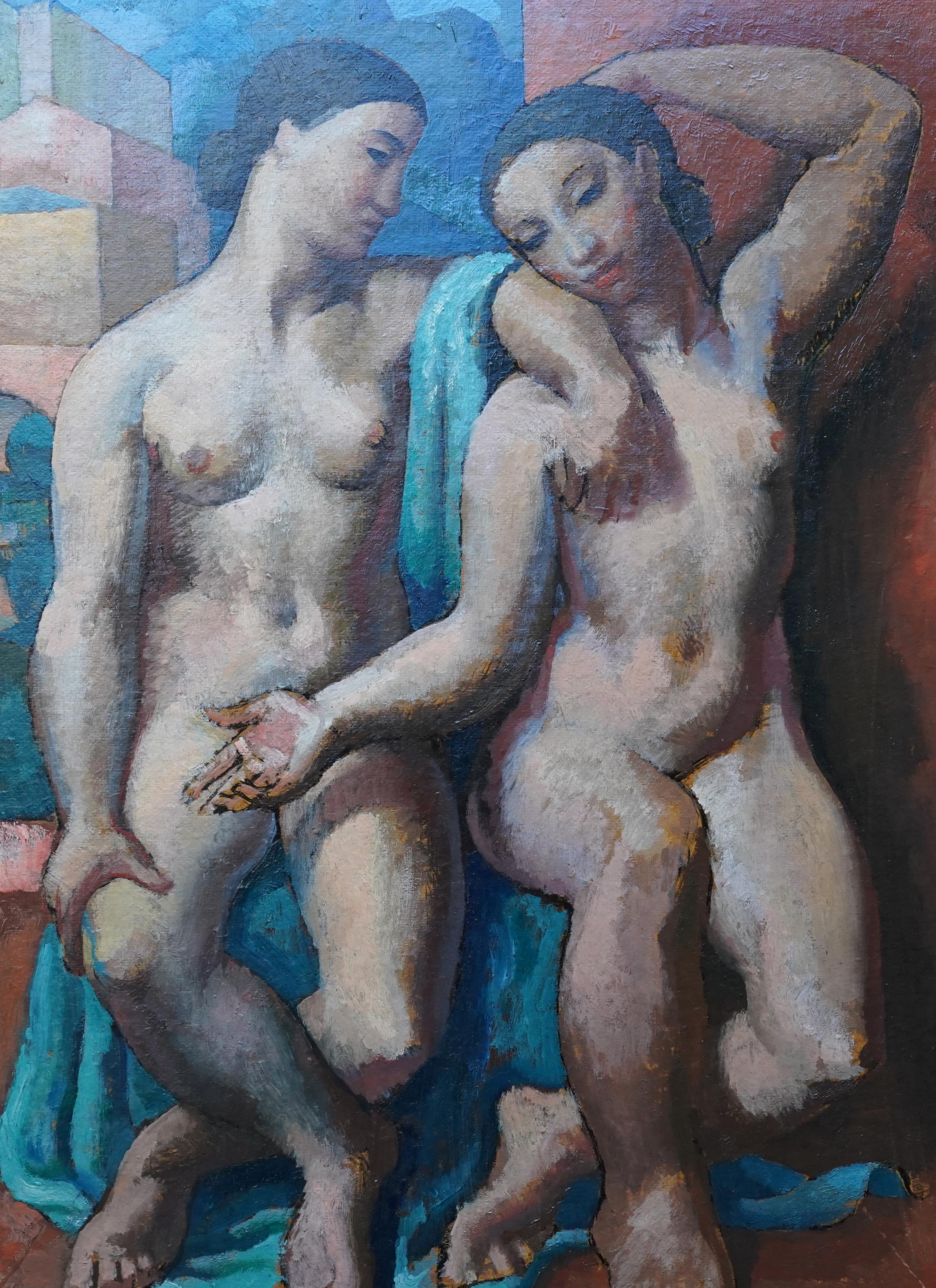 This lovely British Modernist portrait oil painting is by noted artist Lionel Ellis. The painting comes from a collection of works by the artist, previously owned by his wife. Painted circa 1930, the composition is two seated nude women in a