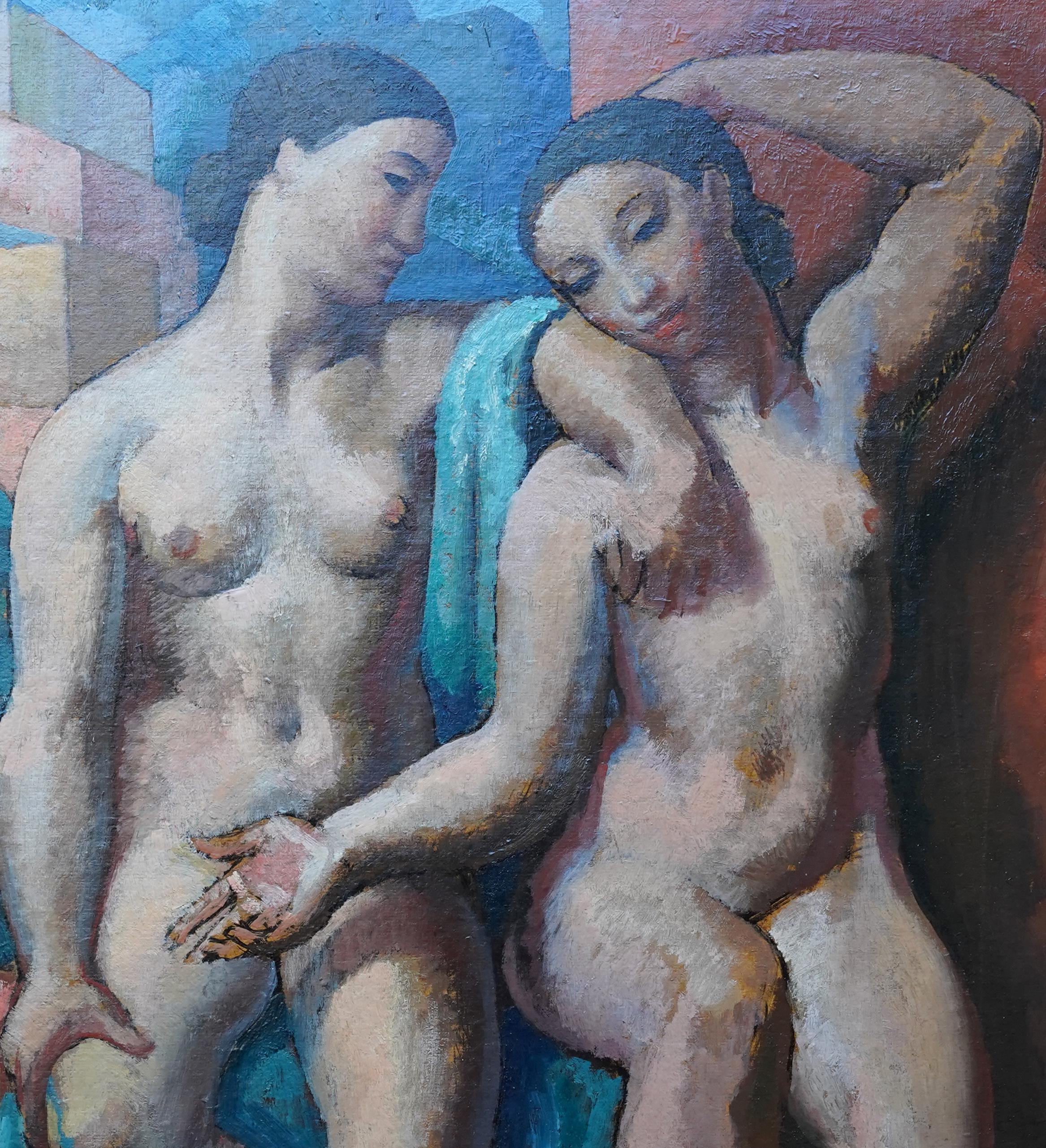 Portrait of Two Seated Nude Women - British Modernist 1930's oil painting For Sale 1