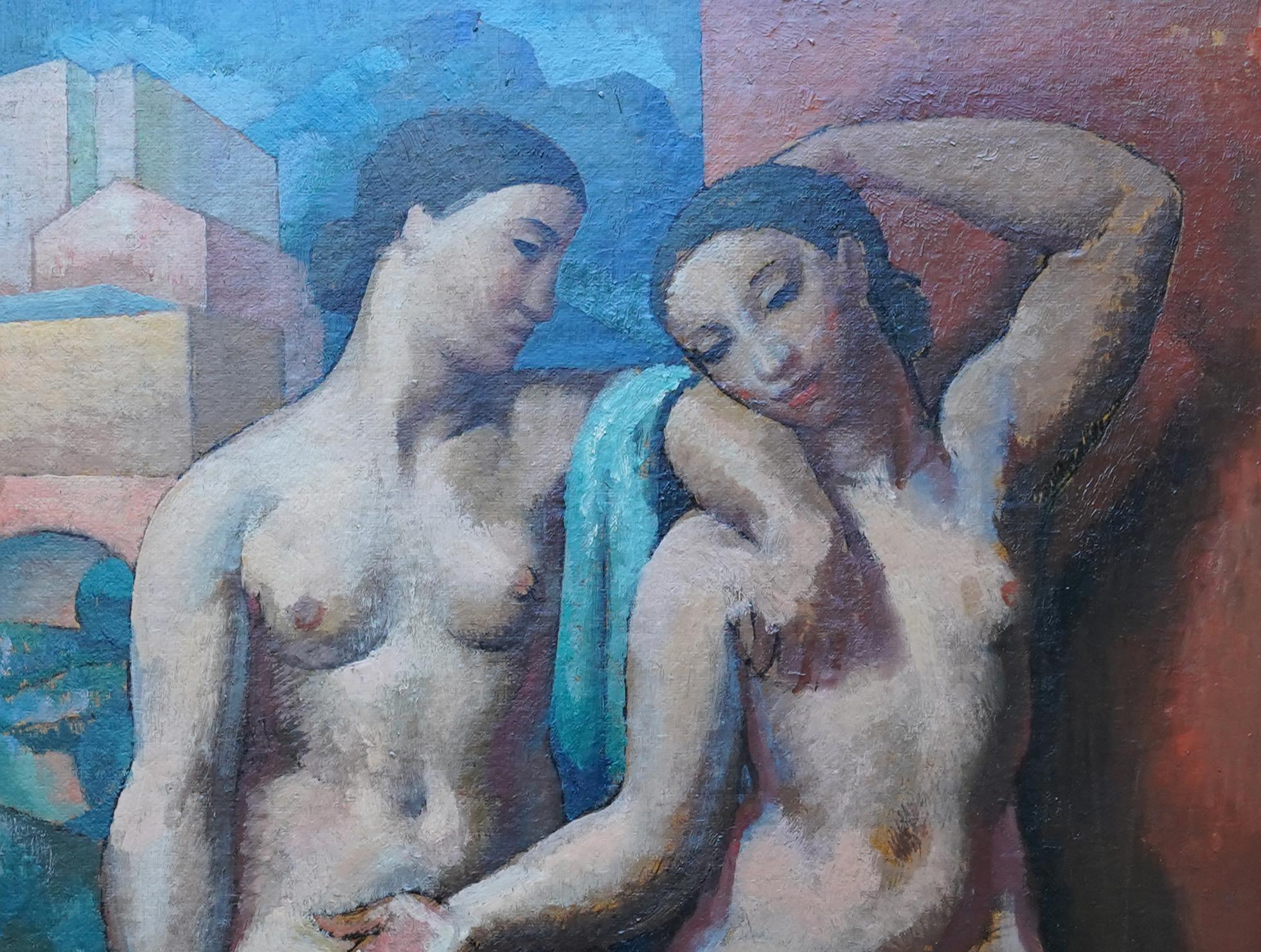 Portrait of Two Seated Nude Women - British Modernist 1930's oil painting For Sale 2