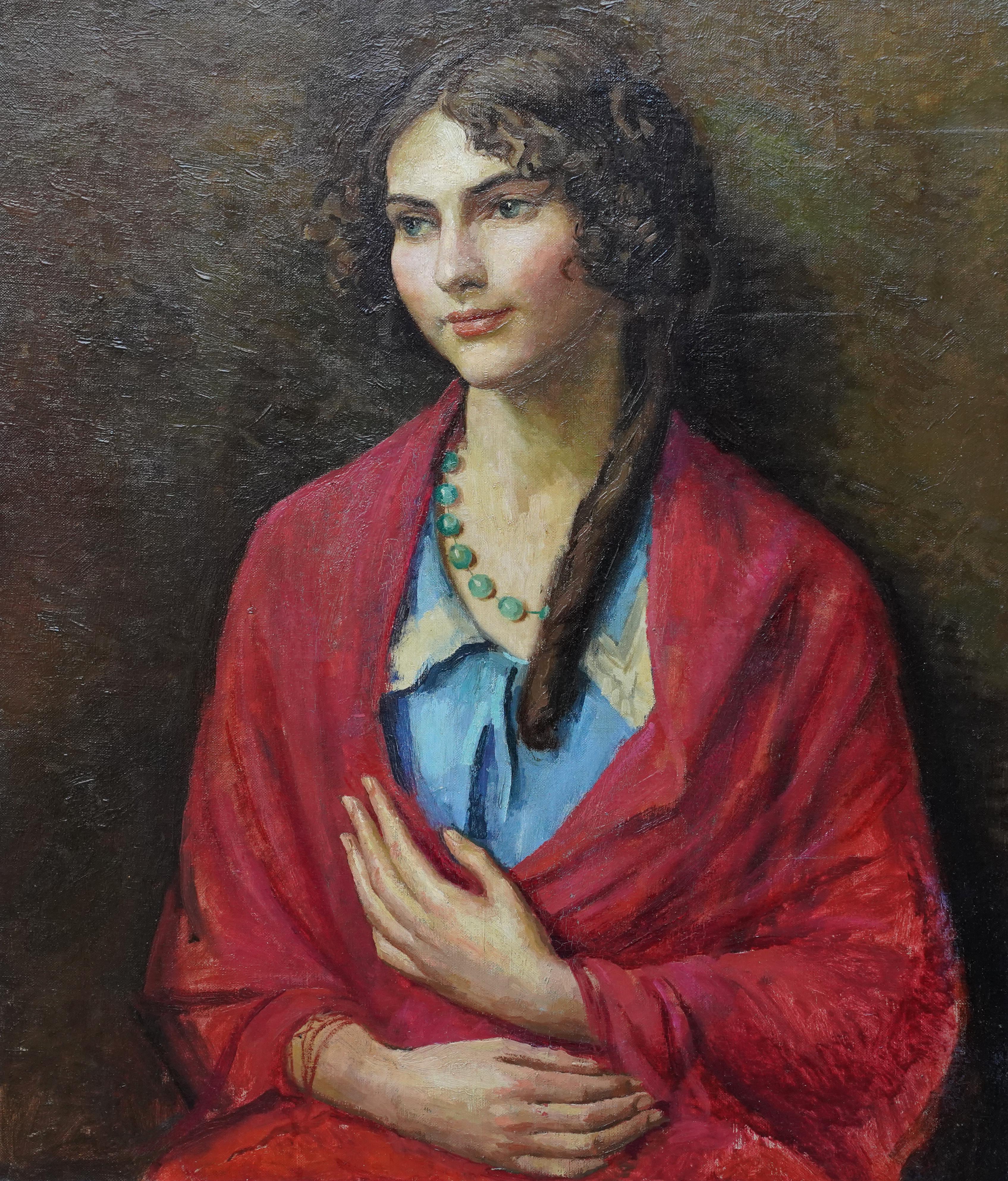 Portrait of Woman in Red Shawl - Nudes verso - British 1940's art oil painting - Painting by Lionel Ellis