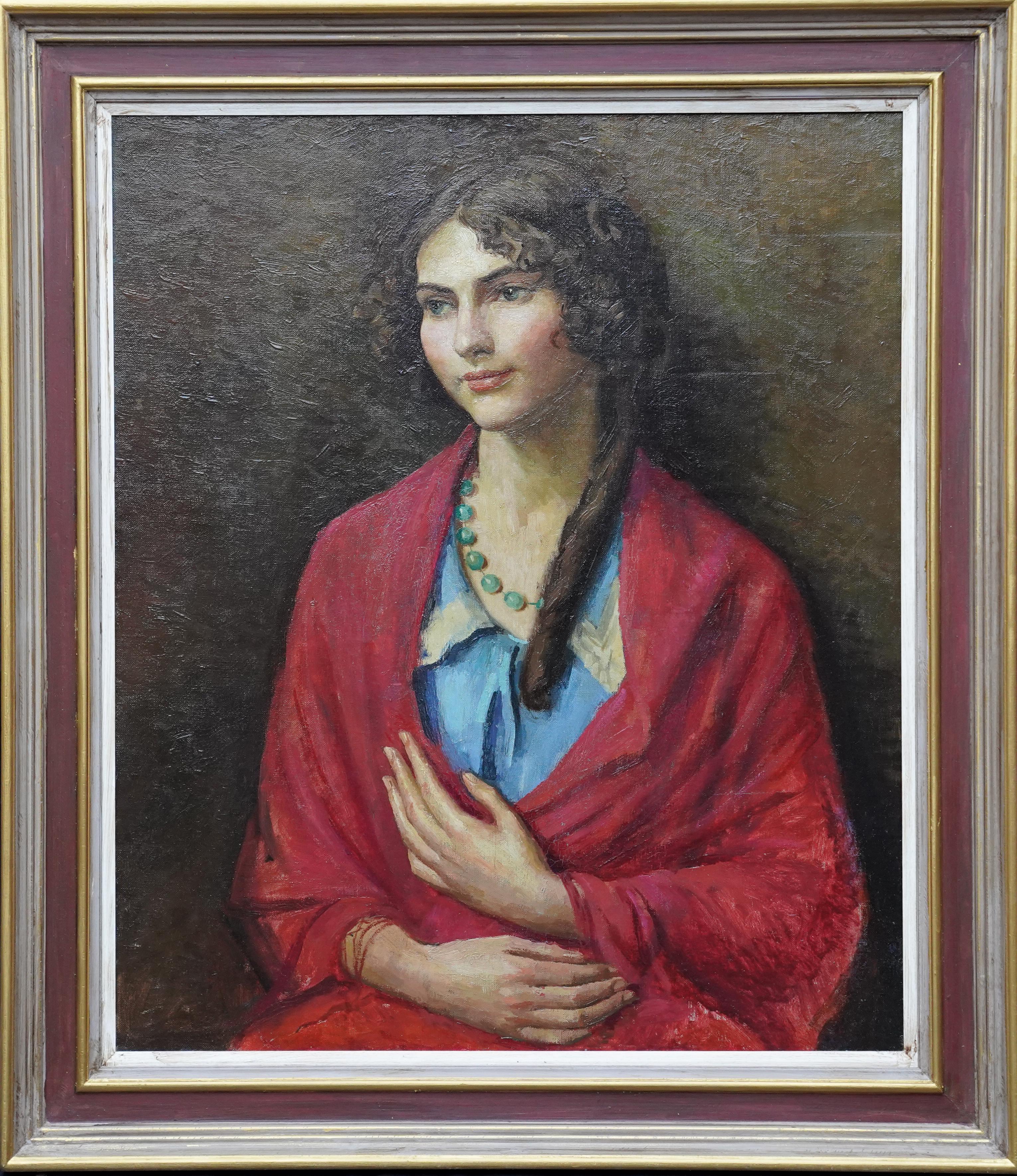 Portrait of Woman in Red Shawl - Nudes verso - British 1940's art oil painting For Sale 4