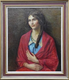 Porträt einer Frau in rotem Schal – Akte verso – britisches Ölgemälde aus den 1940er Jahren