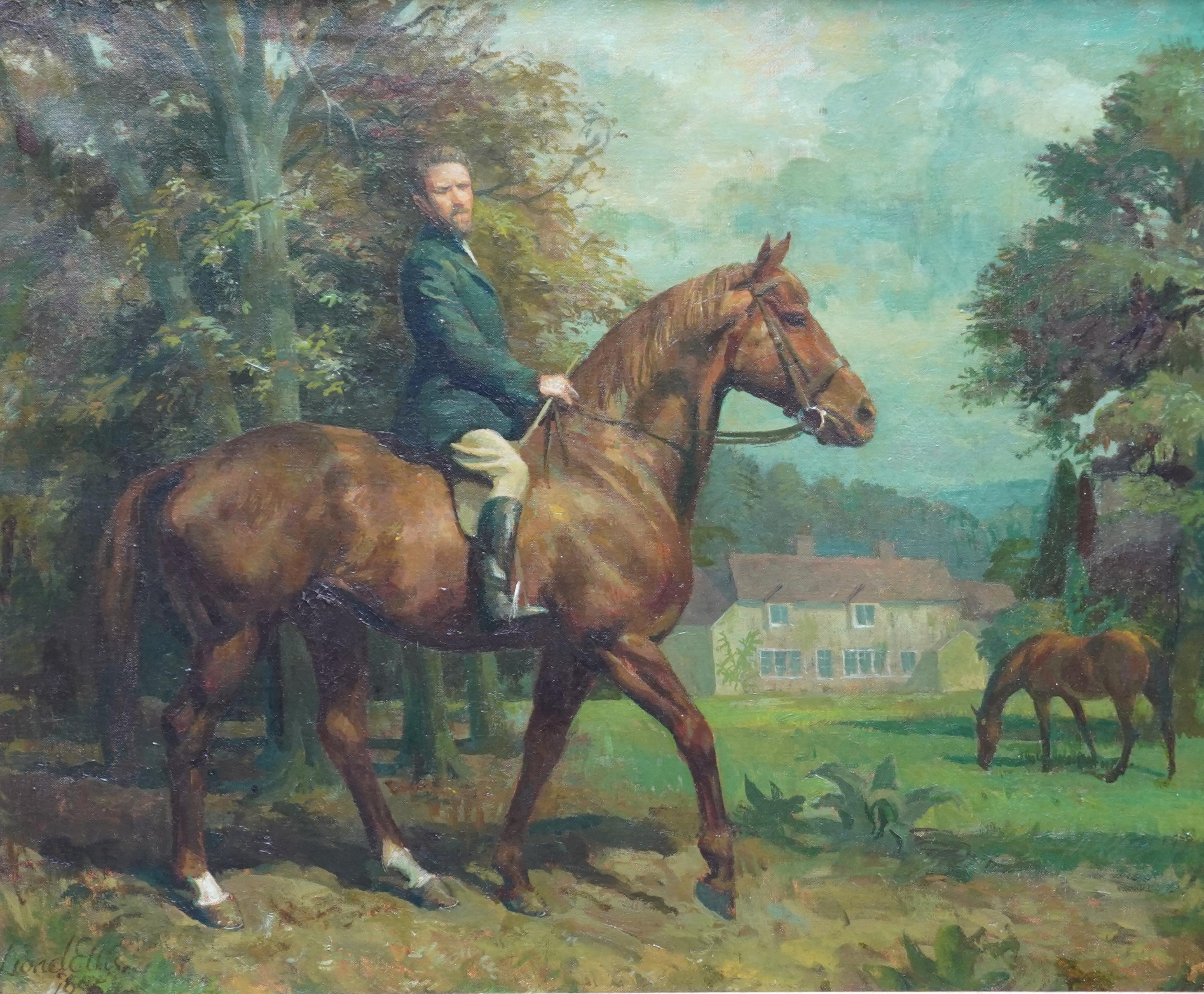 Self Portrait on Horse in Landscape - British 50's art equine rider oil painting - Painting by Lionel Ellis