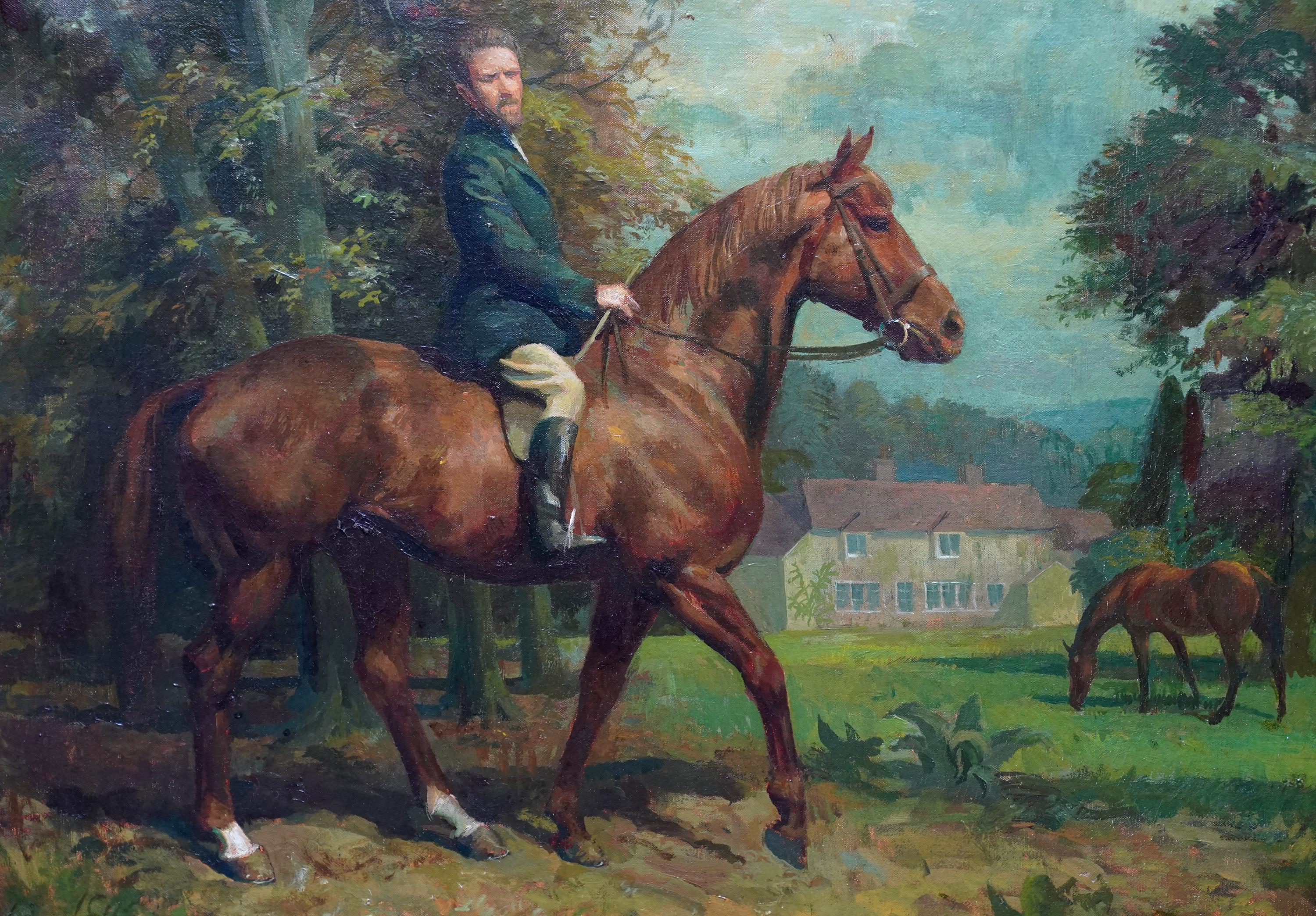 Self Portrait on Horse in Landscape - British 50's art equine rider oil painting - Realist Painting by Lionel Ellis