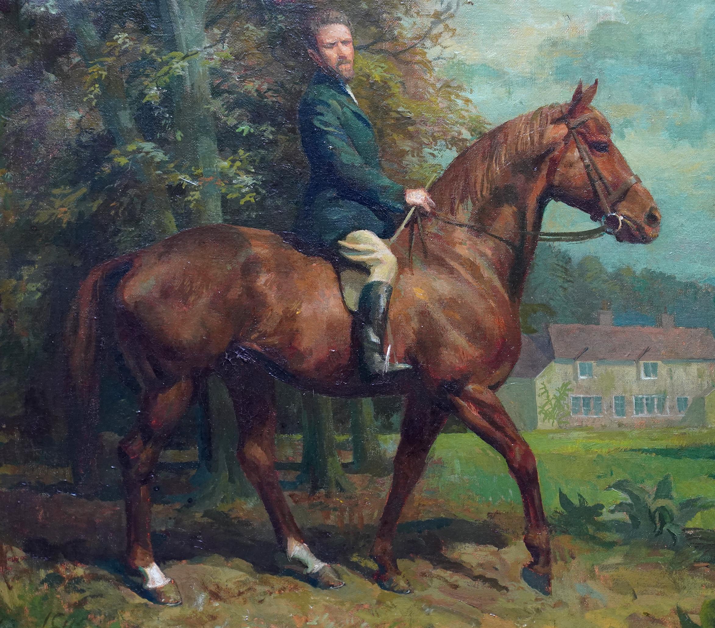 This lovely portrait oil painting is by noted British artist Lionel Ellis. Painted in 1955 the painting is a self portrait of the artist on a beautiful chestnut horse in the foreground of a landscape. Beyond him is another horse and some dwellings