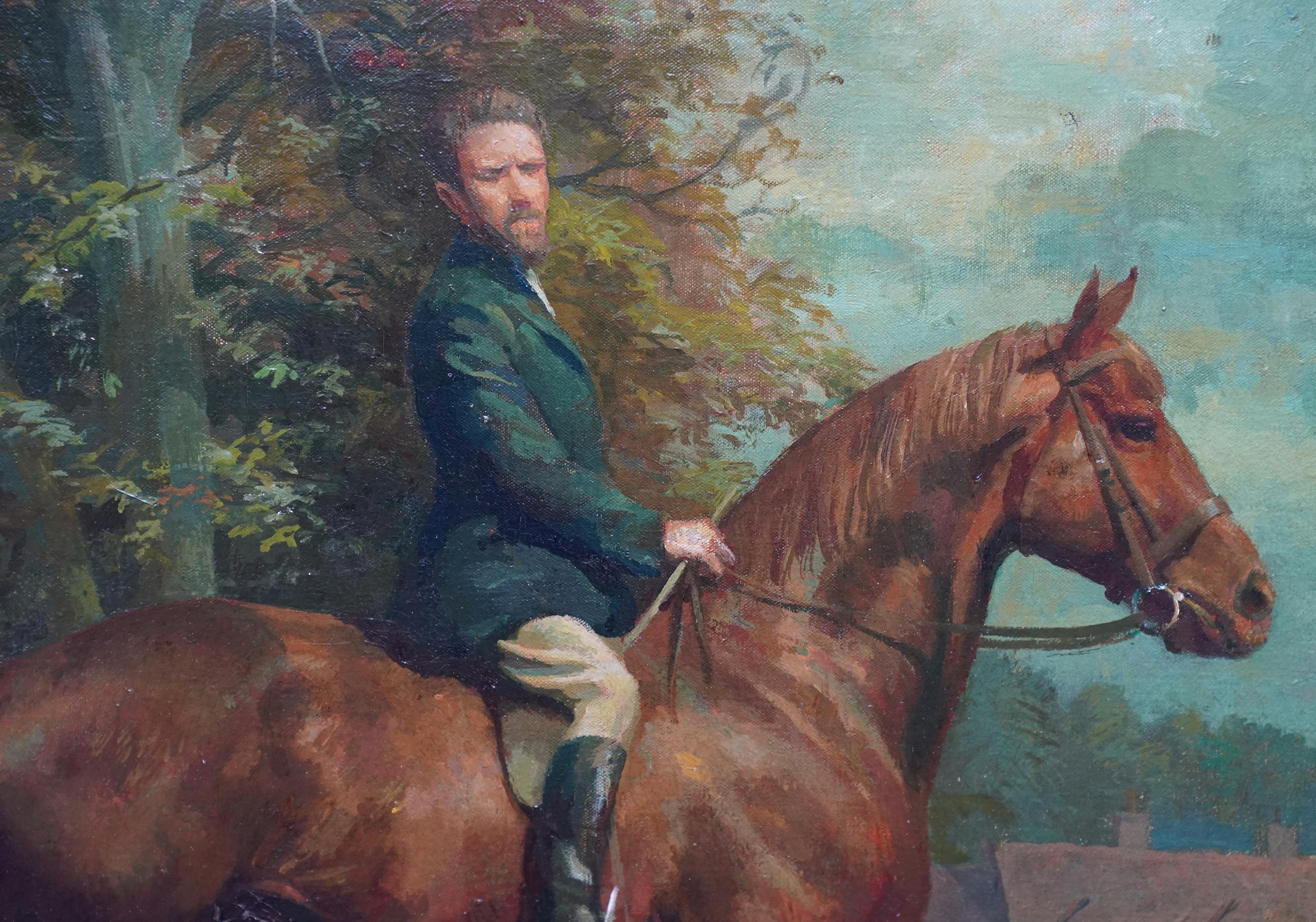Self Portrait on Horse in Landscape - British 50's art equine rider oil painting For Sale 1