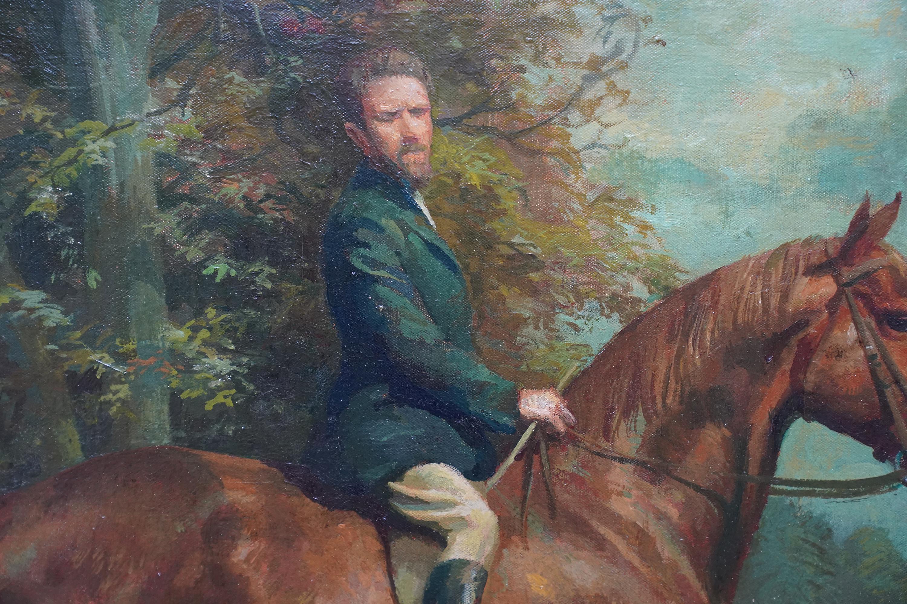 Self Portrait on Horse in Landscape - British 50's art equine rider oil painting For Sale 2