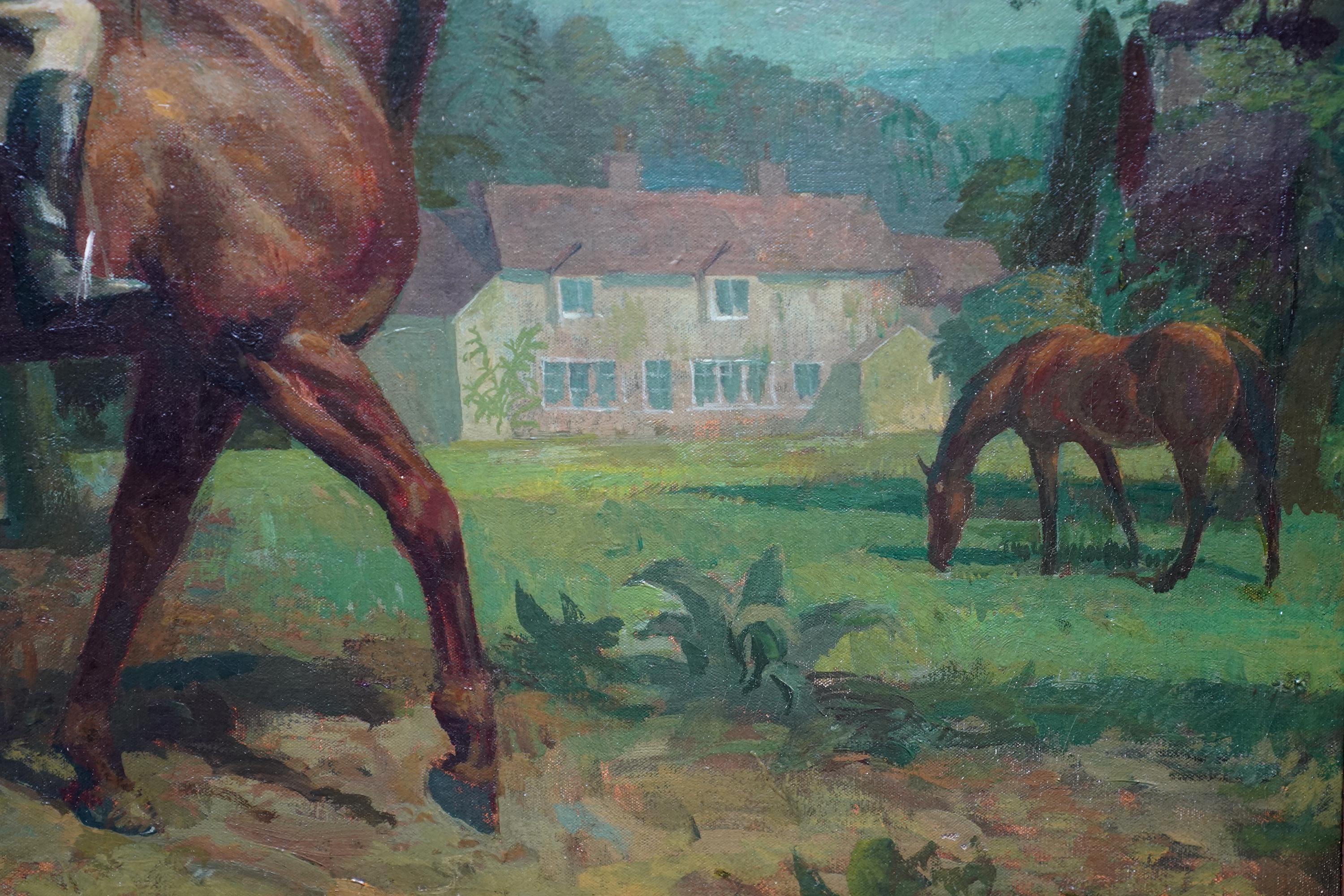 Selbstporträt auf Pferd in Landschaft – Ölgemälde eines britischen Pferdereiters aus den 50ern im Angebot 3