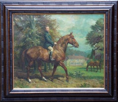 Self Portrait on Horse in Landscape - British 50's art equine rider oil painting
