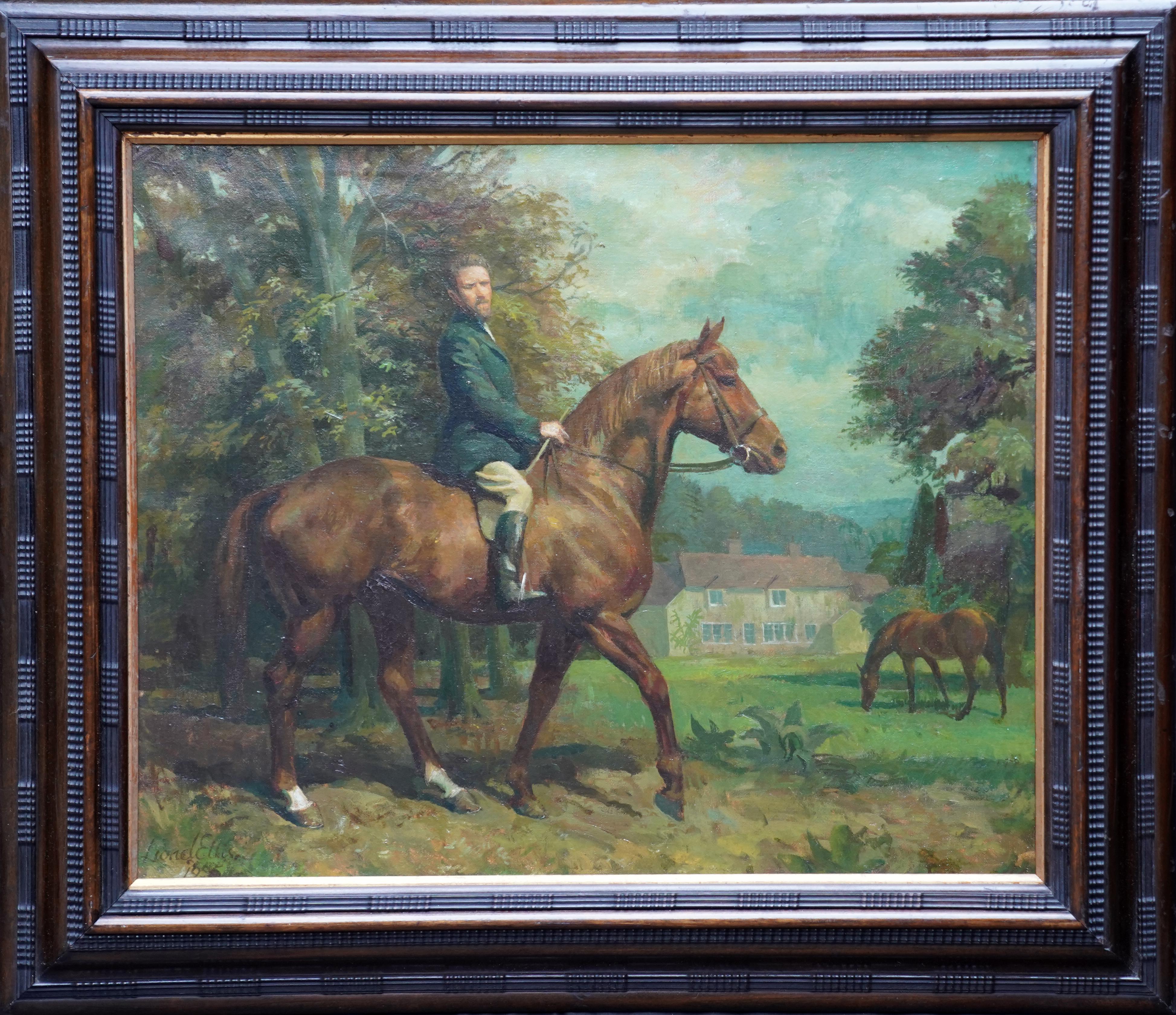 Lionel Ellis Animal Painting - Self Portrait on Horse in Landscape - British 50's art equine rider oil painting