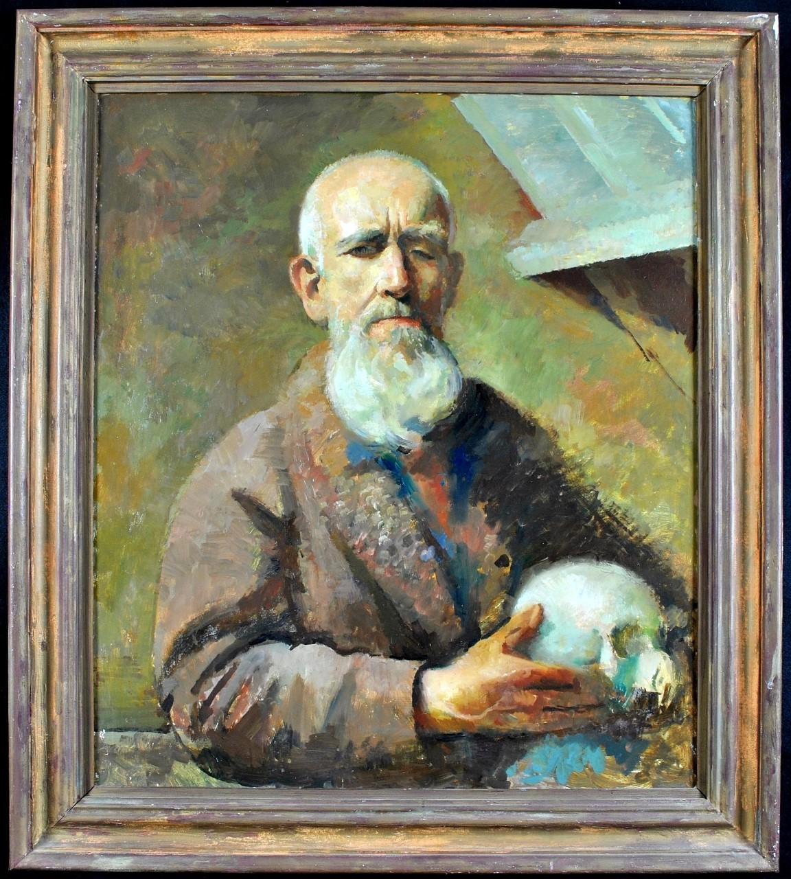 Lionel Ellis Portrait Painting - Self Portrait with Skull - Large Mid 20th Century Post Impressionist Painting