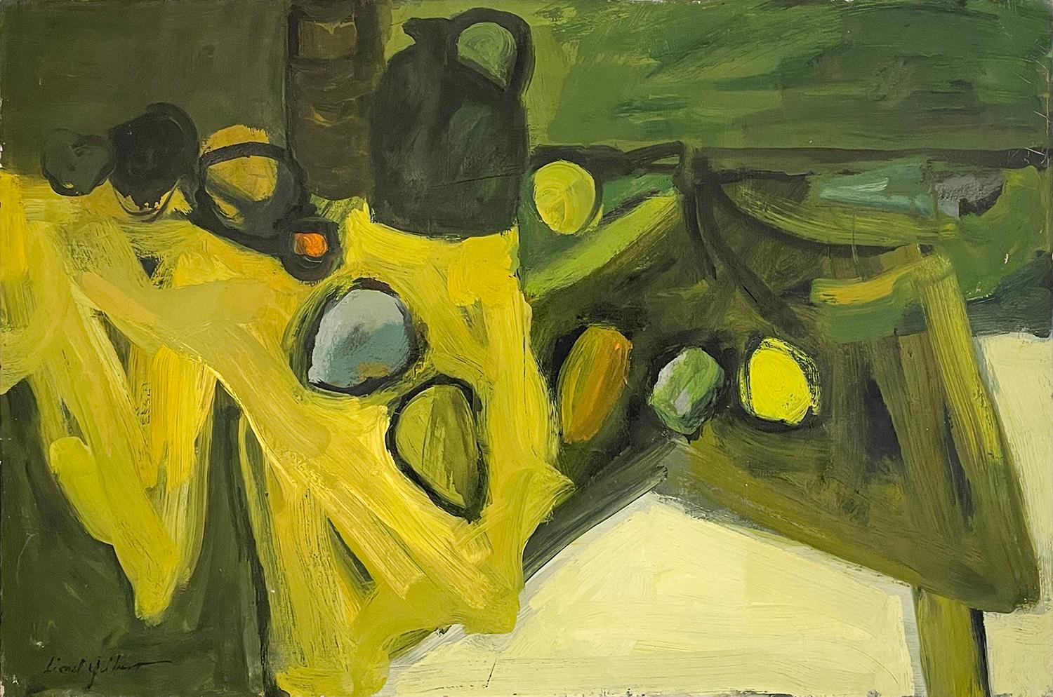 Abstracto amarillo y verde (Abstracto moderno de mediados de siglo, Cuadro bodegón)