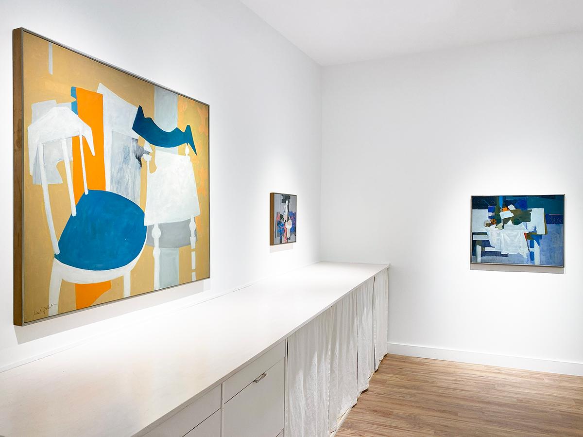 Blue and Green Tablescape (Post-War Modern Abstract Oil Painting on canvas) by New York School Painter and WPA artist, Lionel Gilbert
Mid century modern, abstracted still life painting, c. 1960
oil on canvas, 25 x 28 inches
26 x 29 x 2 inches inches
