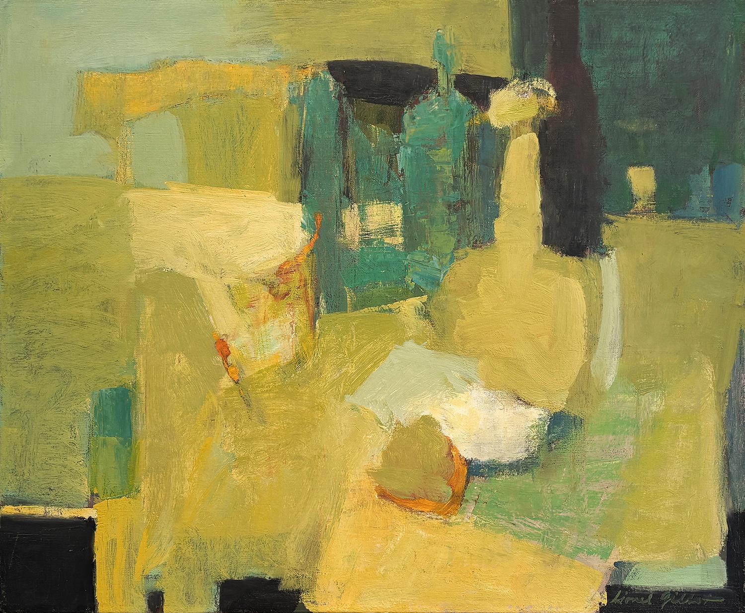 Lionel Gilbert Abstract Painting - Blue and Green Tablescape (WPA abstract still life painting c. 1960)
