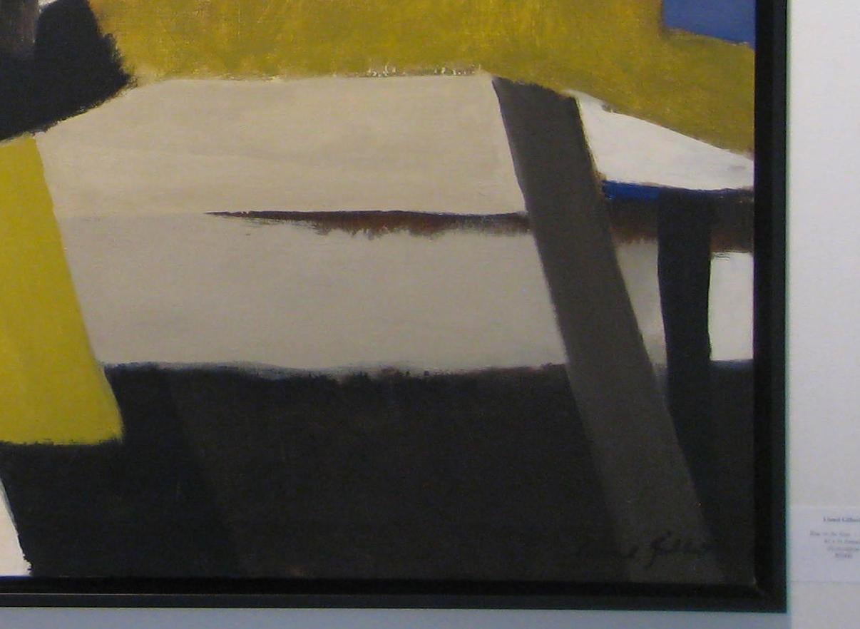 Mid-century modern inspired abstract still life painting on canvas by New York City artist, Lionel Gilbert, c. 1965
oil on canvas with custom black floater frame (Larson Juhl)
41 x 50 x 2 inches framed

This horizontal painting was painted by Lionel