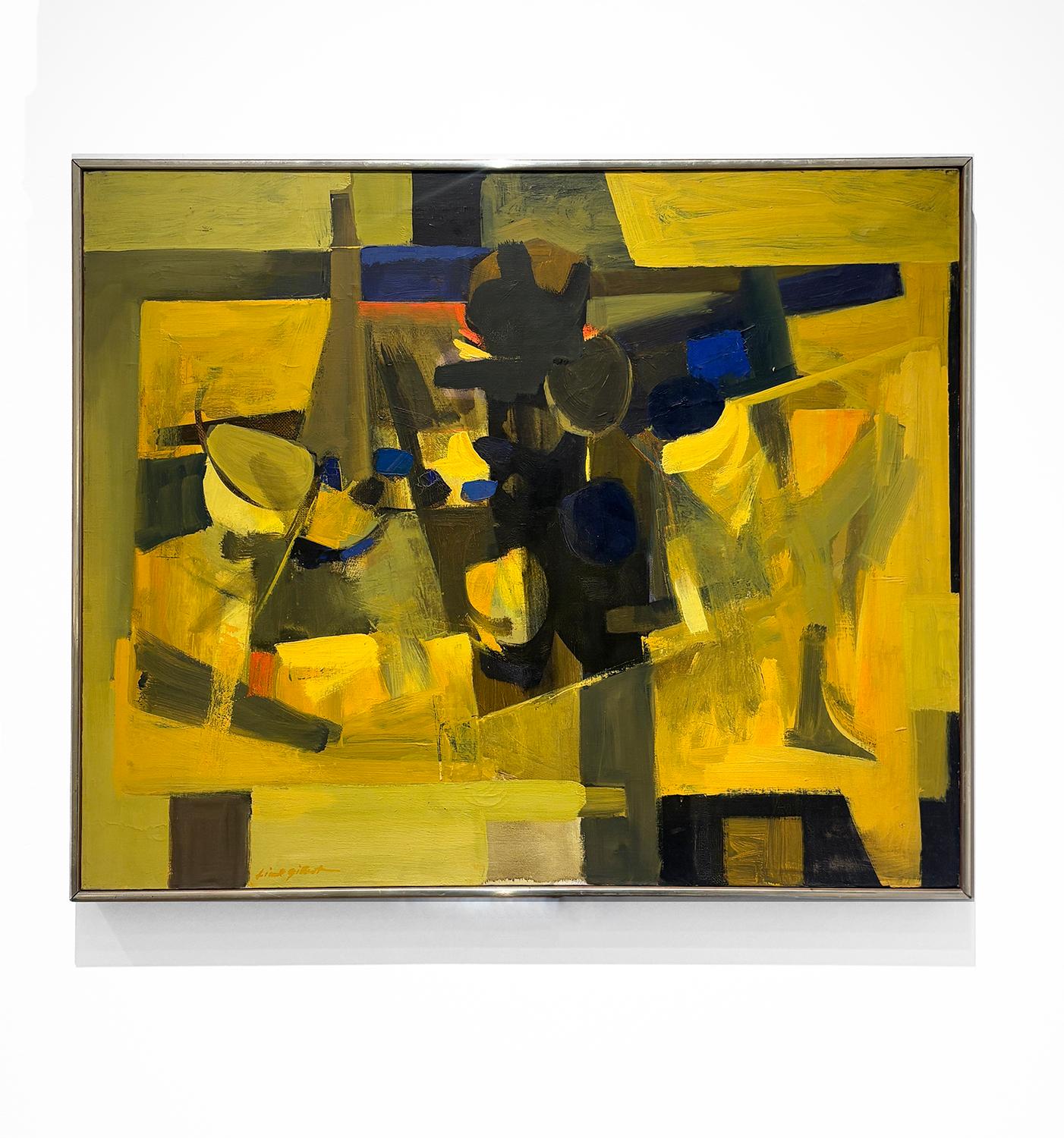 Dark Zone (Abstract, Cubist Still Life Painting in Yellow, Blue & Black) - Orange Still-Life Painting by Lionel Gilbert