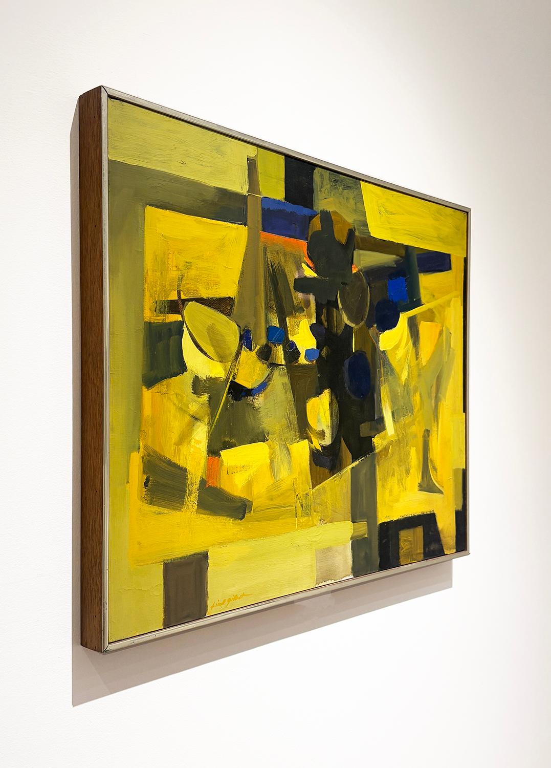 Dark Zone (Modern Abstract, Cubist Style Oil Painting on canvas) by New York School Painter and WPA artist, Lionel Gilbert
Mid century modern, abstracted still life painting, c. 1968
oil on canvas, 30 x 35 inches
30.5 x 35.5 inches with original