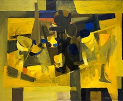 Dark Zone (Abstract, Cubist Still Life Painting in Yellow, Blue & Black)