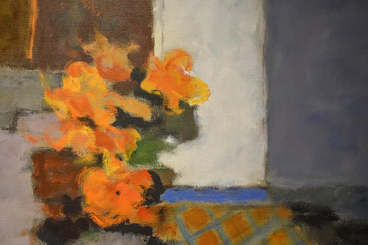 Flowers & Fruit (Abstract Still Life Oil on Canvas) by New York School painter Lionel Gilbert, c. 1970s
Abstract still life painting on canvas of flowers and fruit on a tabletop 
Oil on canvas, 42.75 x 51 inches with a simple wood frame and metallic