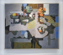 Flowers & Fruit (Abstract Still Life Oil on Canvas, Lionel Gilbert 1970's)