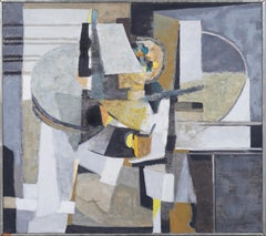 Grande pittura ad olio antica Modernista Americana, Natura morta astratta Cubista firmata